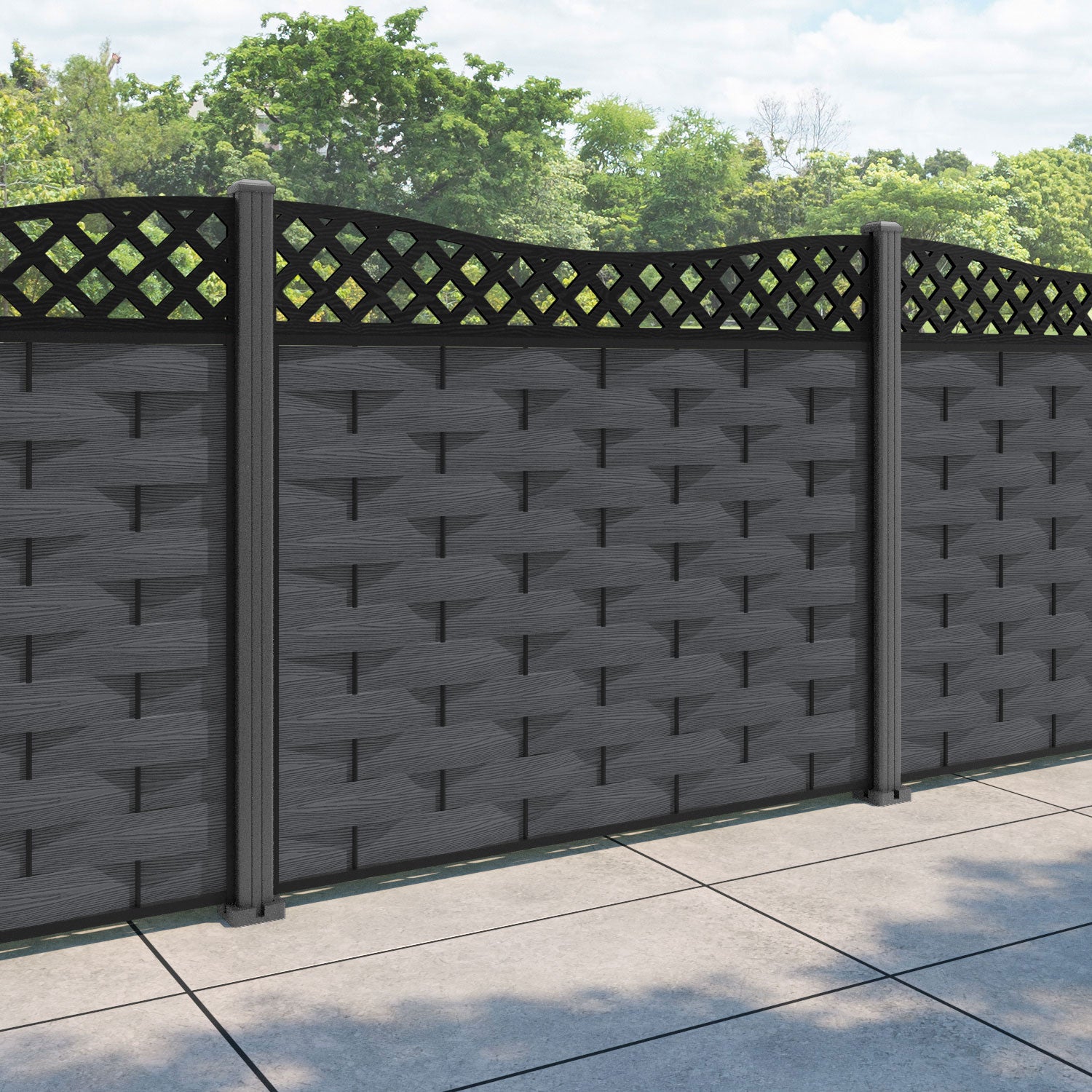 Ripple Low Wave Fence Panel - Dark Grey - with our aluminium posts