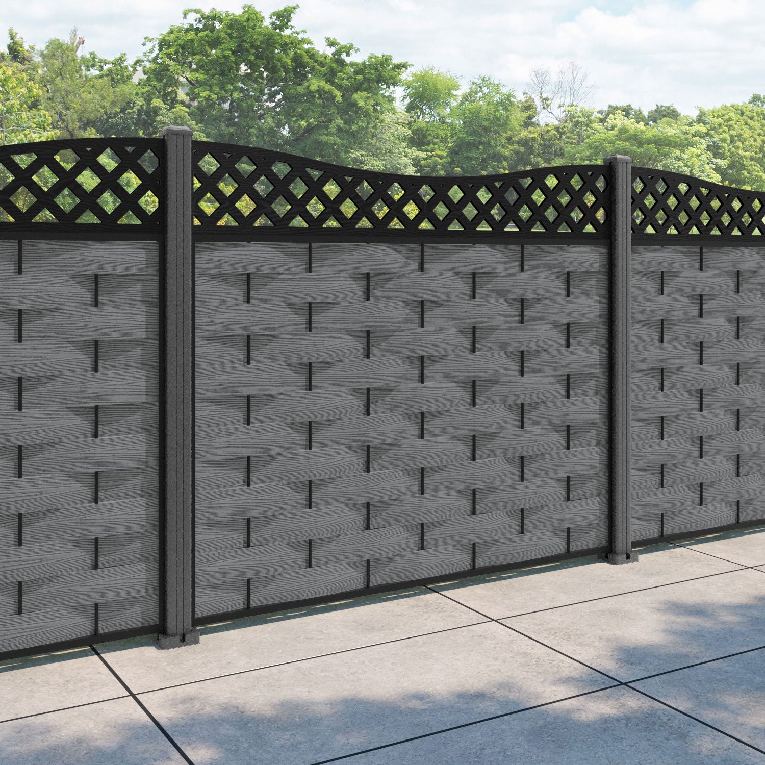 Ripple Low Wave Fence Panel - Mid Grey - with our aluminium posts