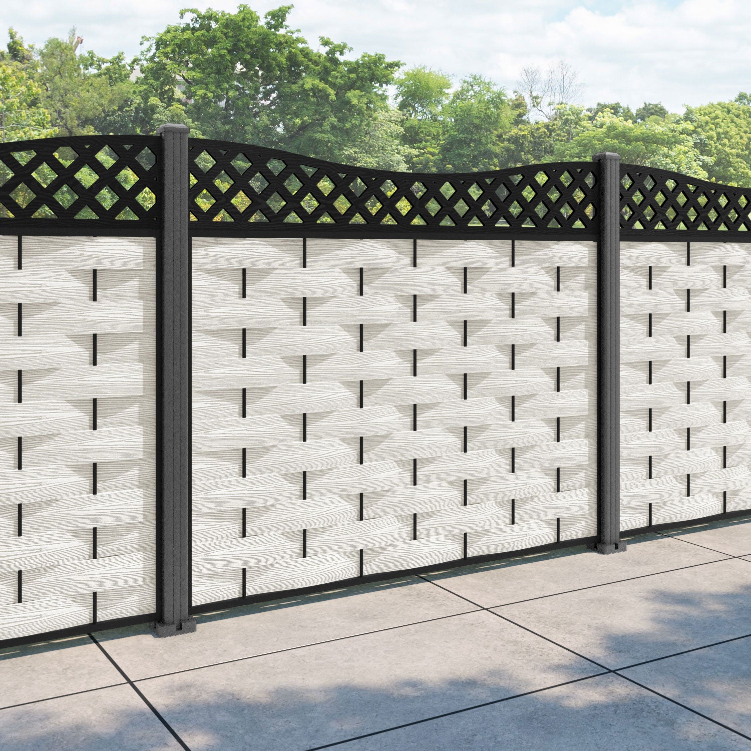 Ripple Low Wave Fence Panel - Light Stone - with our aluminium posts