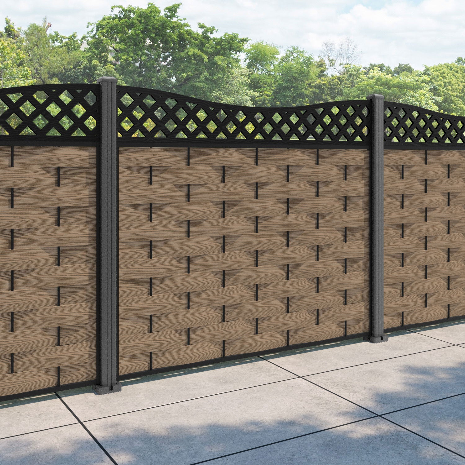Ripple Low Wave Fence Panel - Teak - with our aluminium posts