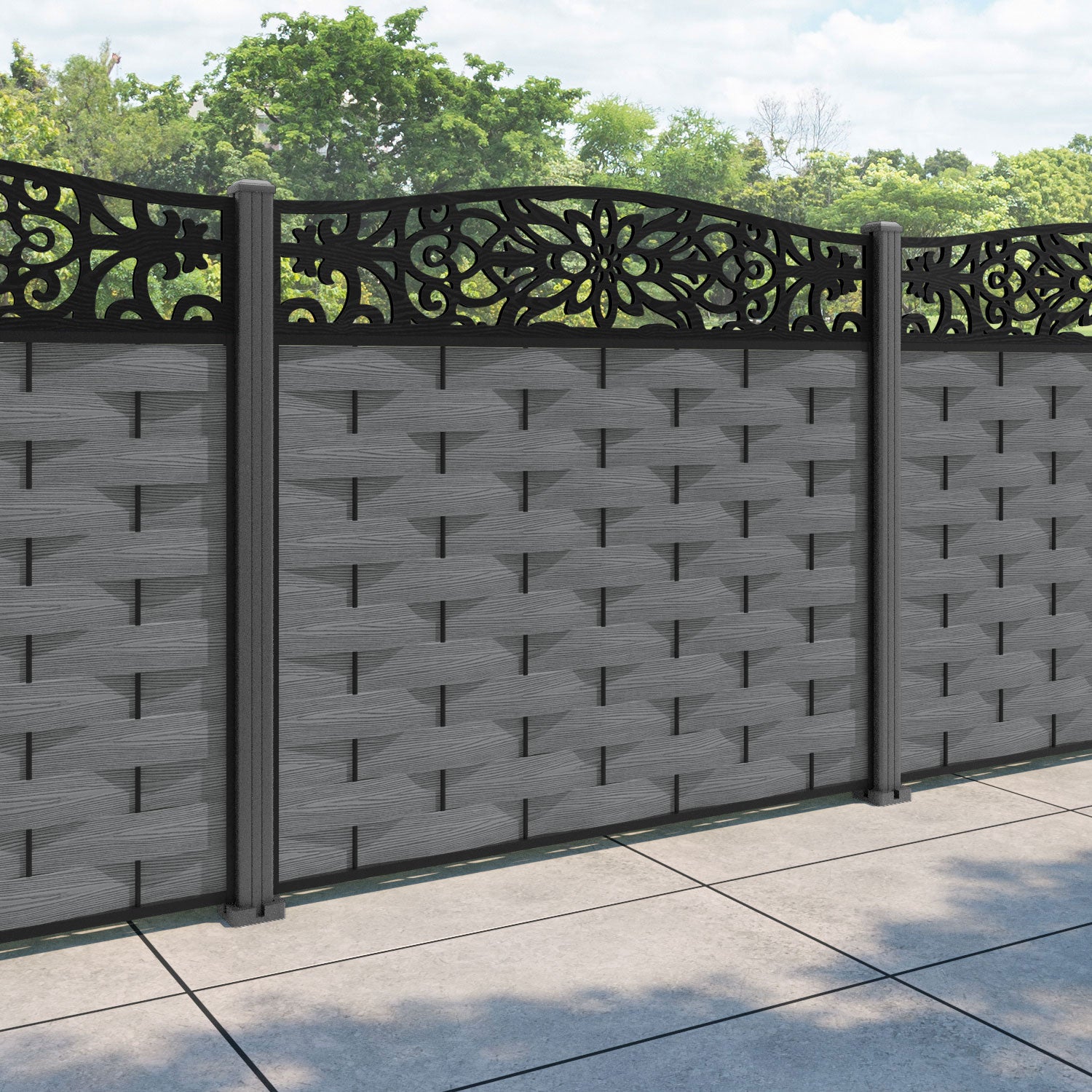 Ripple Windsor Curved Top Fence Panel - Mid Grey - with our aluminium posts