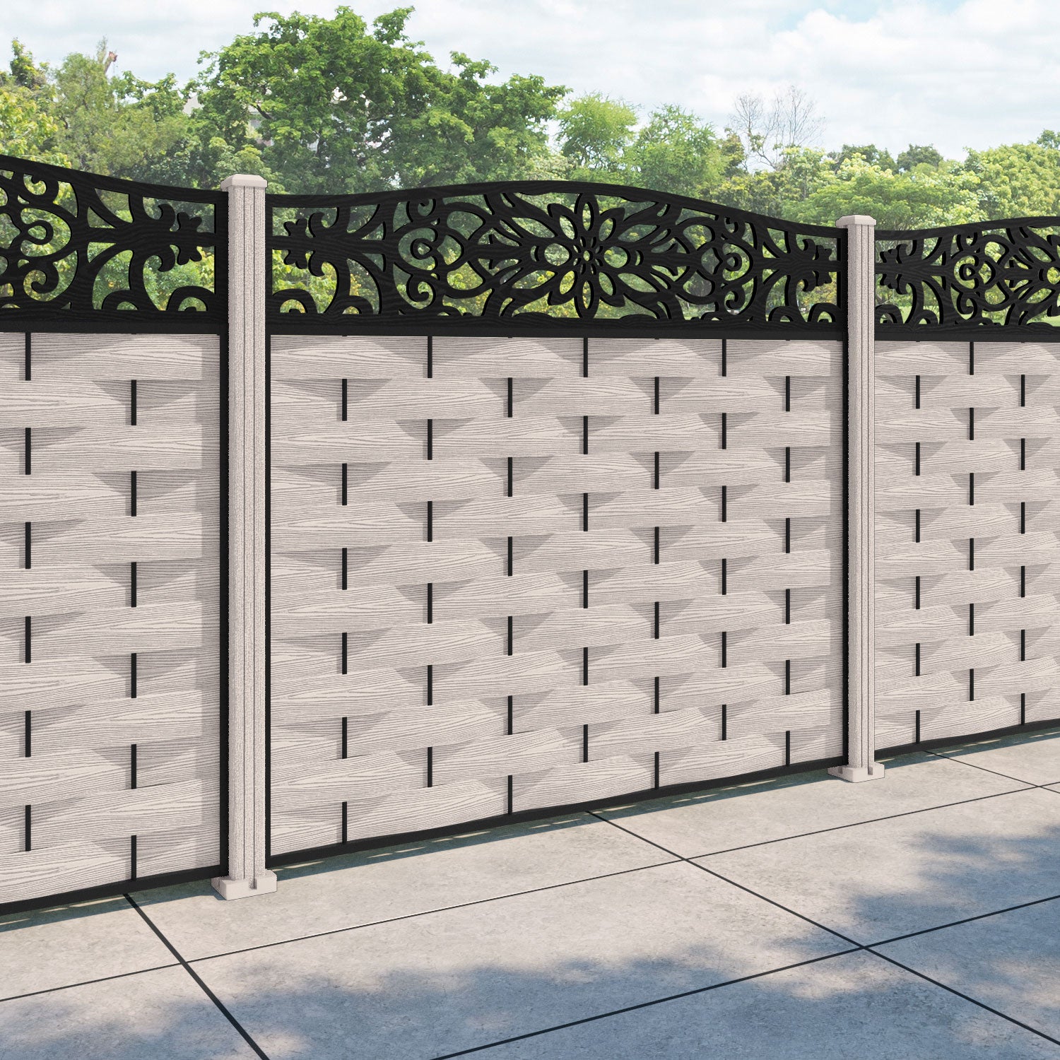 Ripple Windsor Curved Top Fence Panel - Mid Stone - with our composite posts