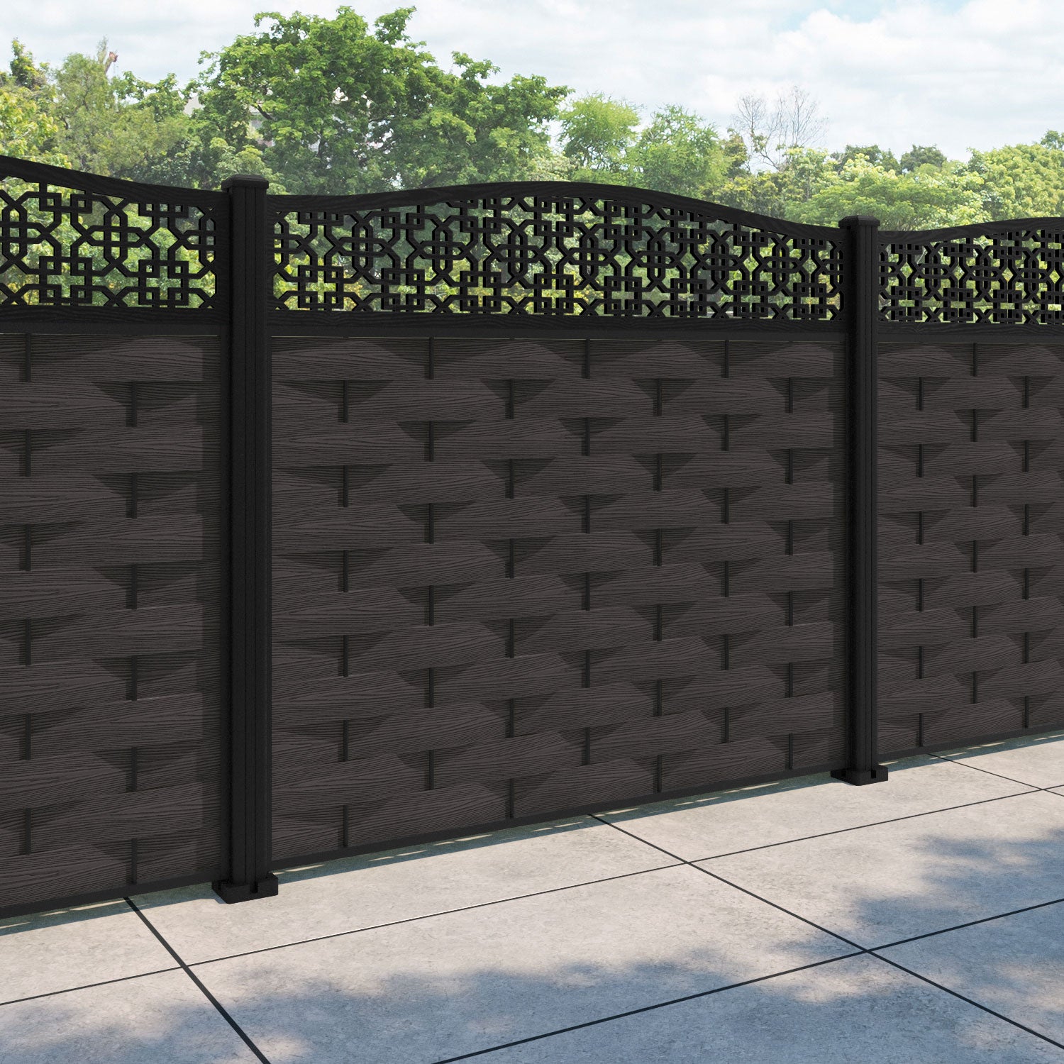 Ripple Zaria Curved Top Fence Panel - Dark Oak - with our aluminium posts