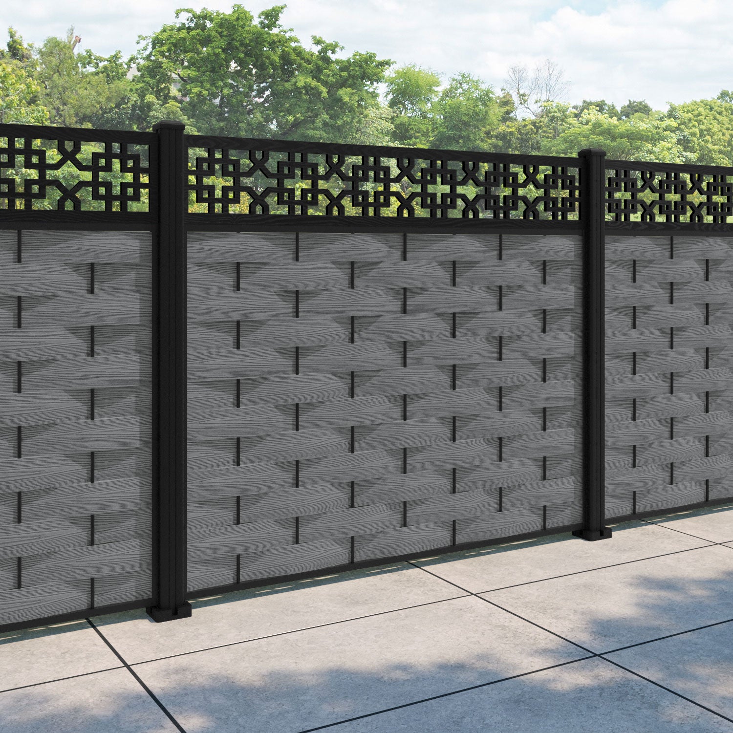 Ripple Zaria Fence Panel - Mid Grey - with our aluminium posts
