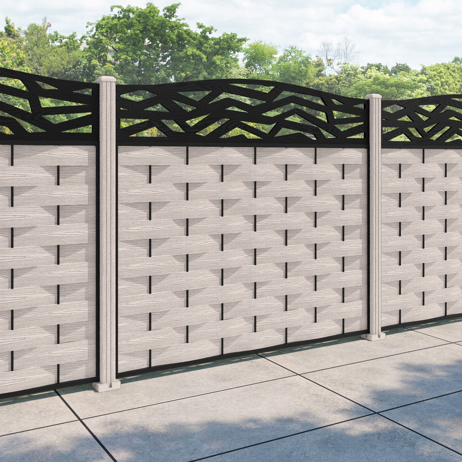 Ripple Zenith Curved Top Fence Panel - Mid Stone - with our composite posts