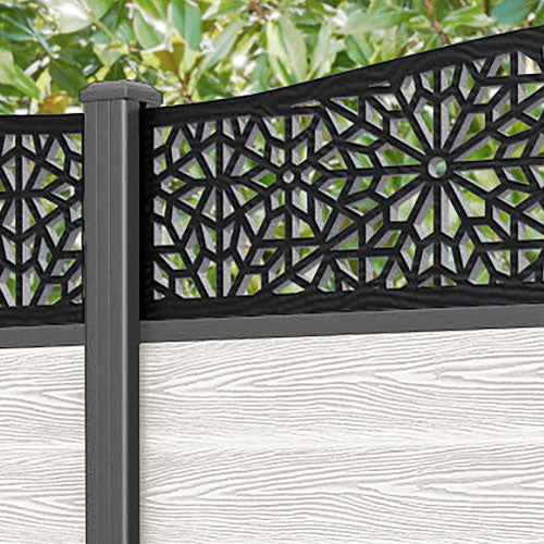 Classic Alnara Curved Top Fence Panel - Light Stone - with our aluminium posts