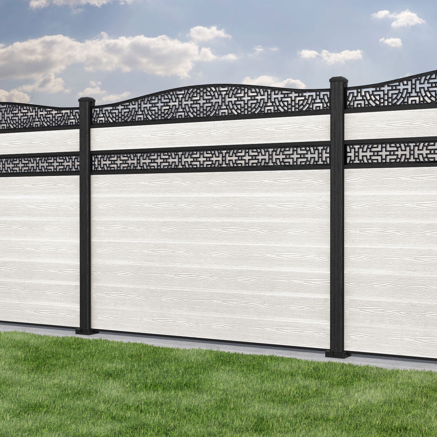 Classic Kumo Curved Top Split Screen Fence Panel - Light Stone - with our composite posts
