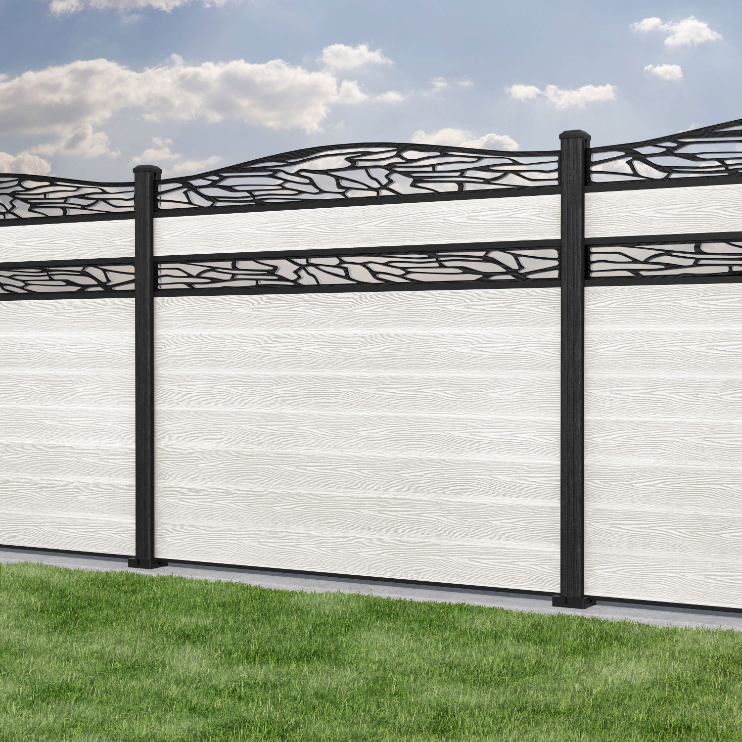 Classic Shatter Curved Top Split Screen Fence Panel - Light Stone - with our composite posts