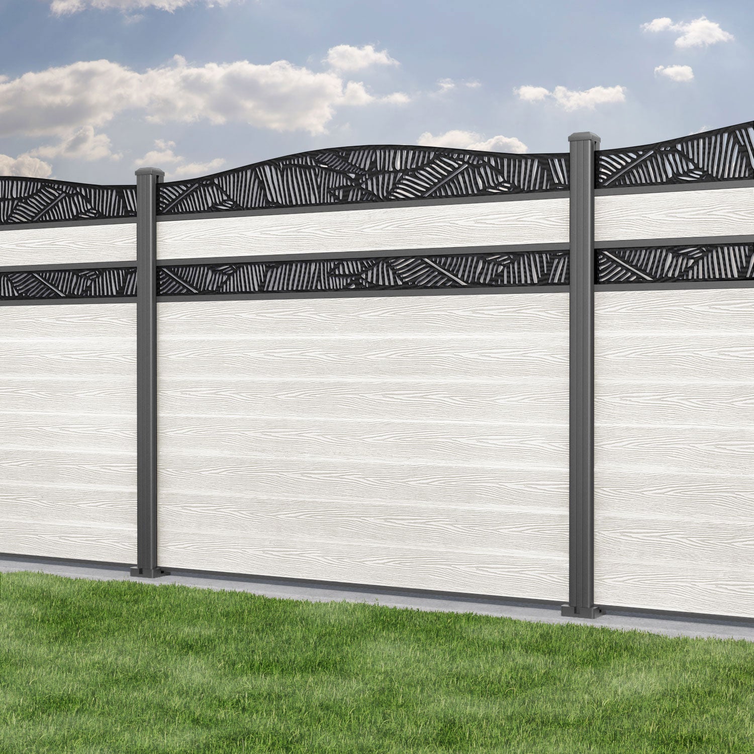 Classic Feather Curved Top Split Screen Fence Panel - Light Stone - with our aluminium posts