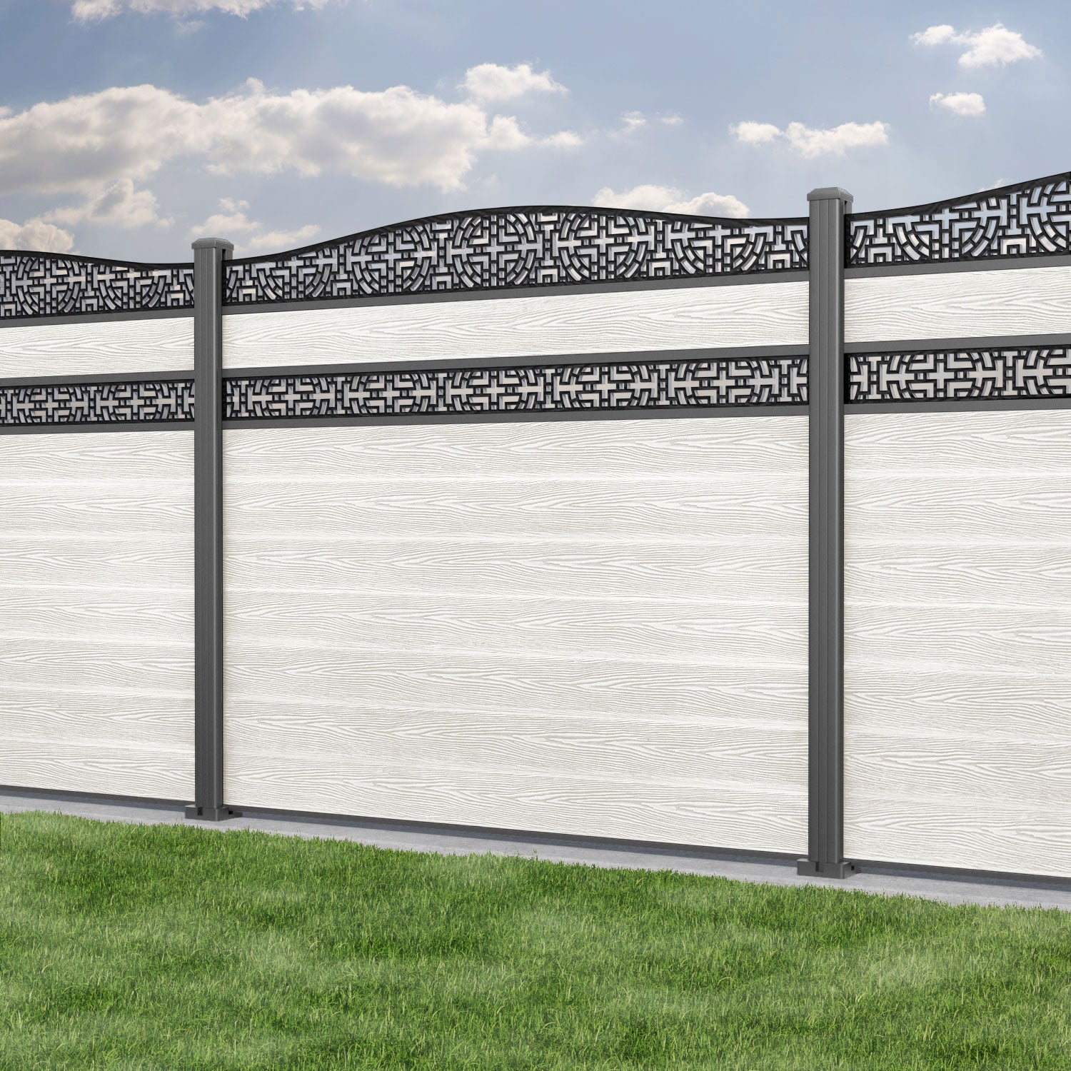 Classic Kumo Curved Top Split Screen Fence Panel - Light Stone - with our aluminium posts