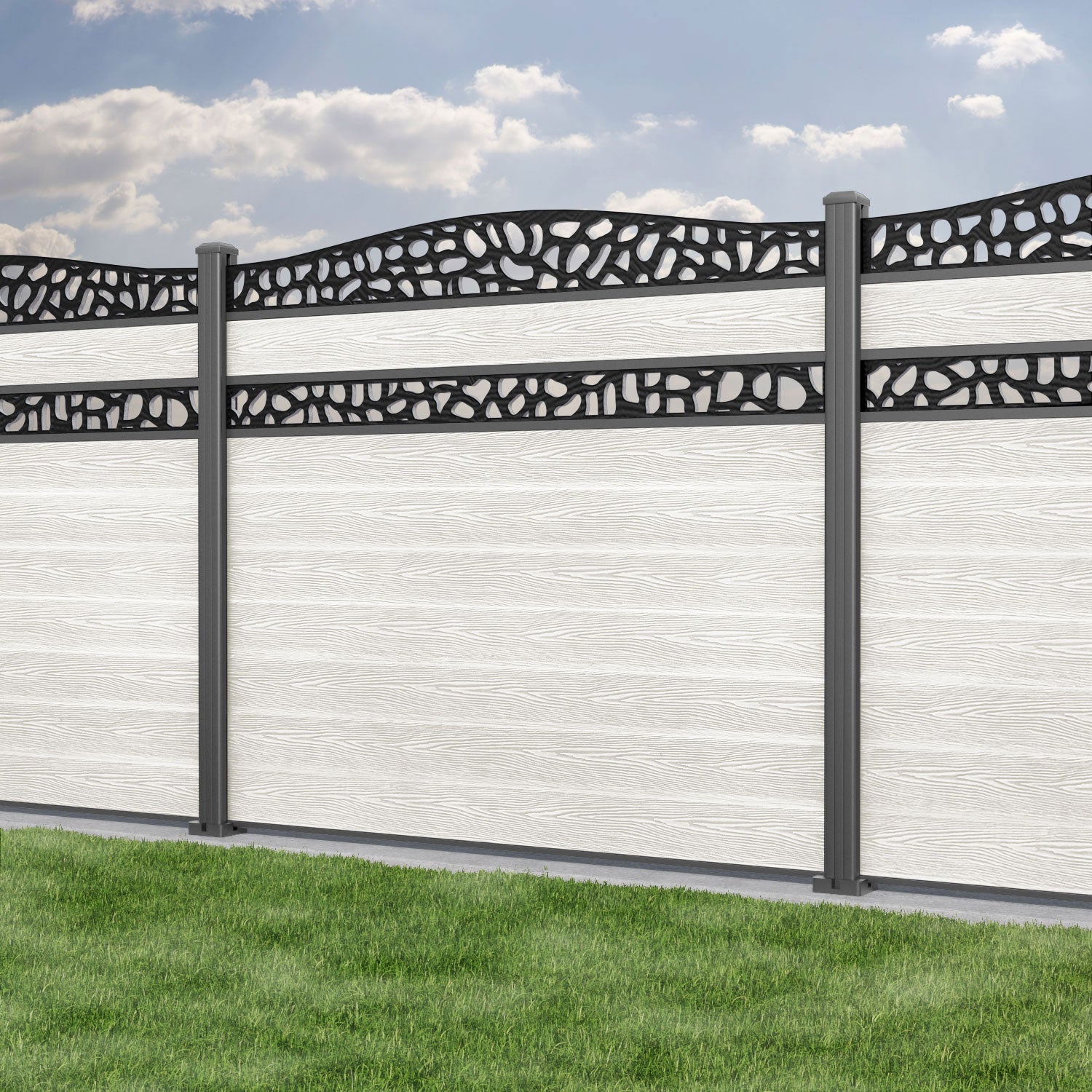 Classic Pebble Curved Top Split Screen Fence Panel - Light Stone - with our aluminium posts