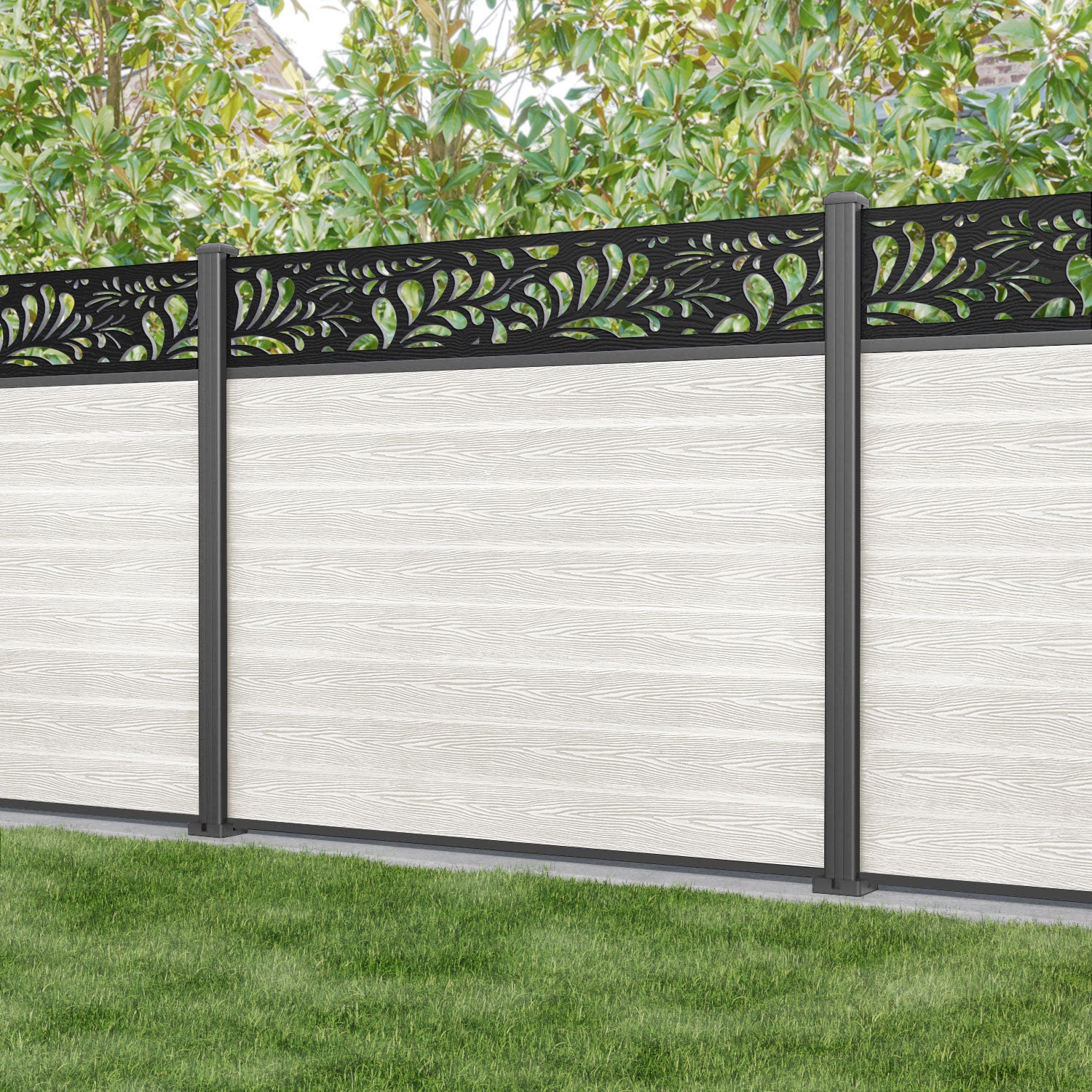 Classic Petal Fence Panel - Light Stone - with our aluminium posts