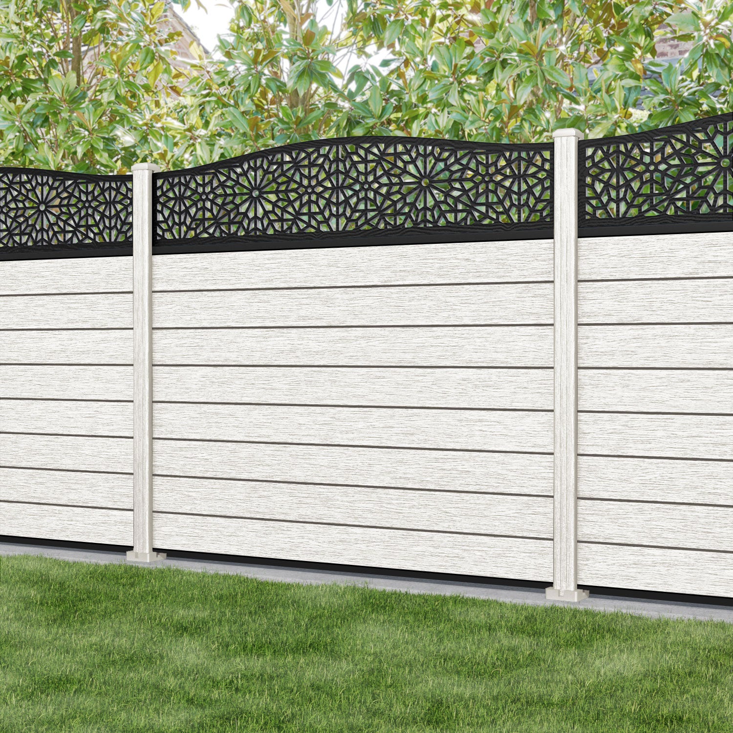 Fusion Alnara Curved Top Fence Panel - Light Stone - with our composite posts