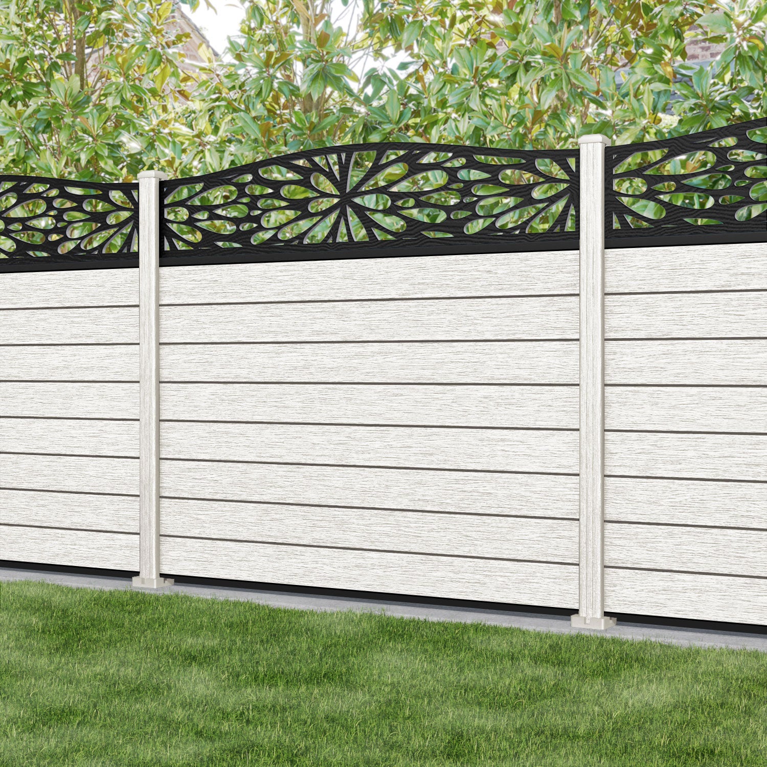 Fusion Blossom Curved Top Fence Panel - Light Stone - with our composite posts