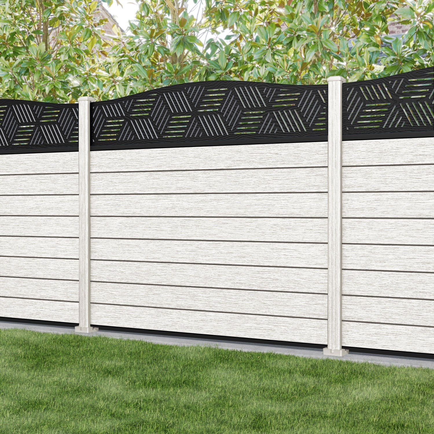 Fusion Cubed Curved Top Fence Panel - Light Stone - with our composite posts