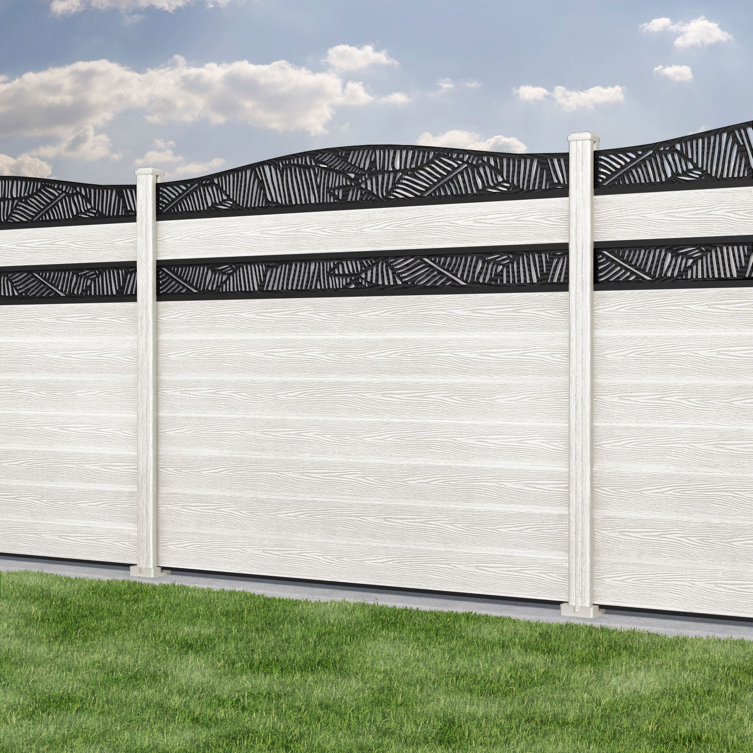 Classic Feather Curved Top Split Screen Fence Panel - Light Stone - with our composite posts