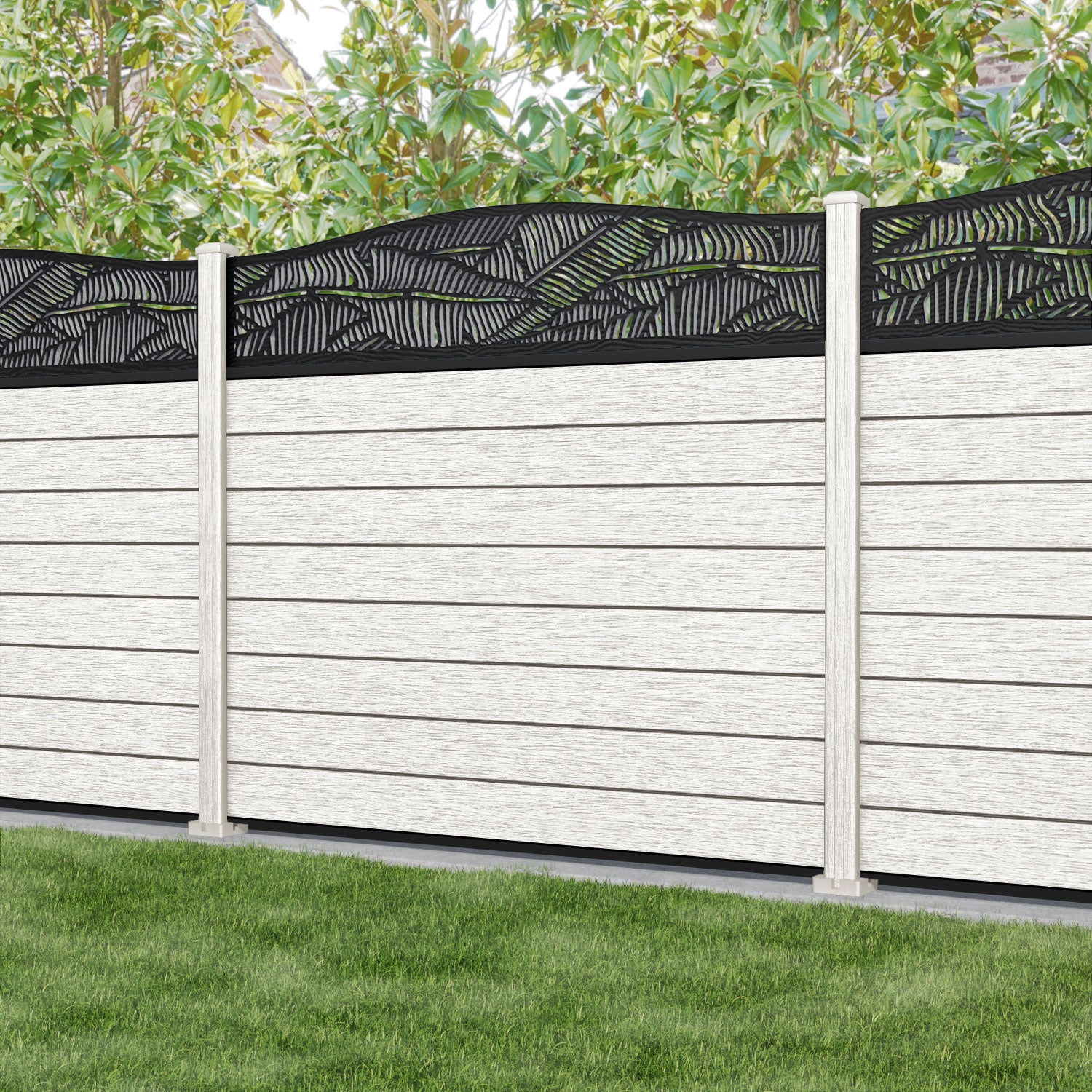 Fusion Feather Curved Top Fence Panel - Light Stone - with our composite posts
