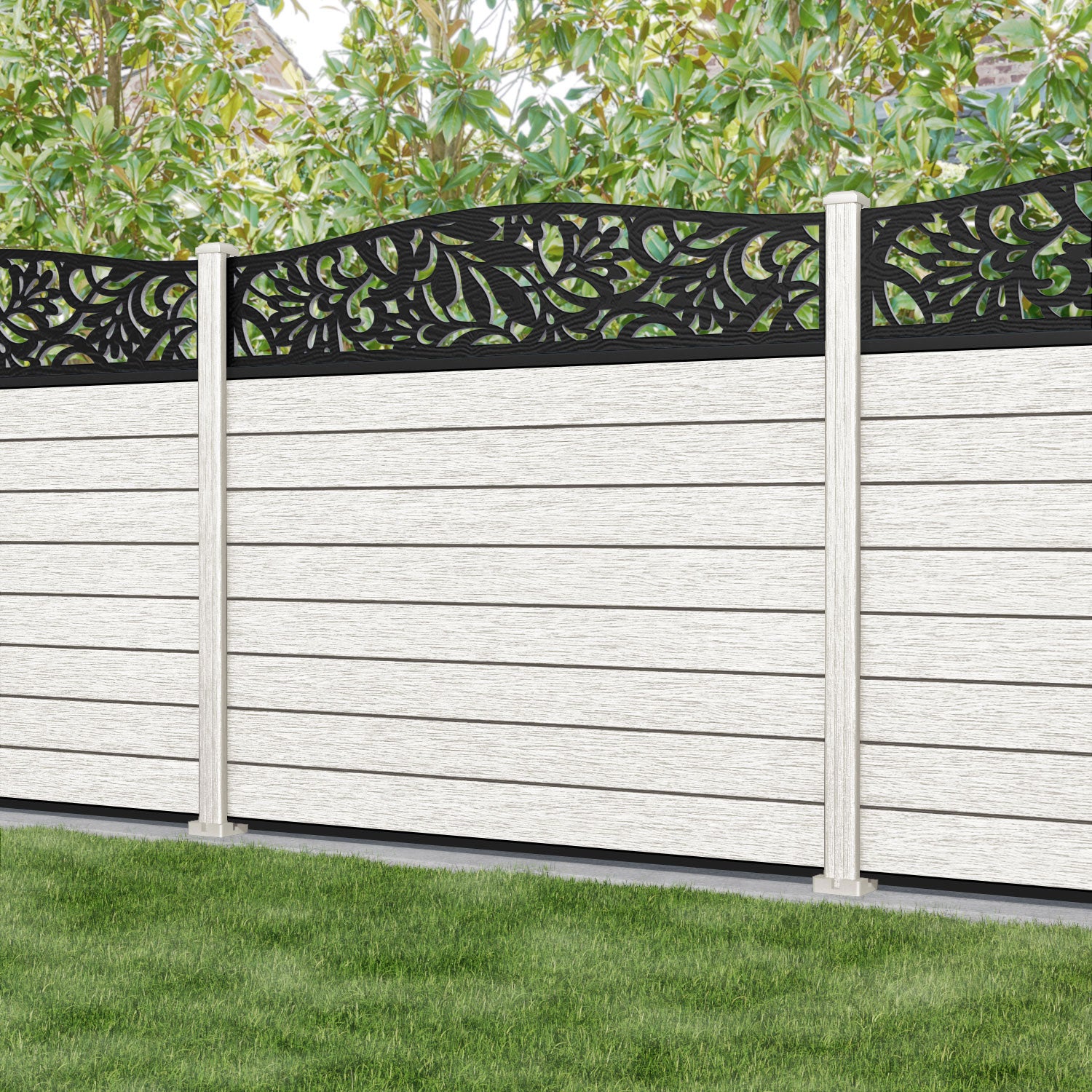 Fusion Heritage Curved Top Fence Panel - Light Stone - with our composite posts