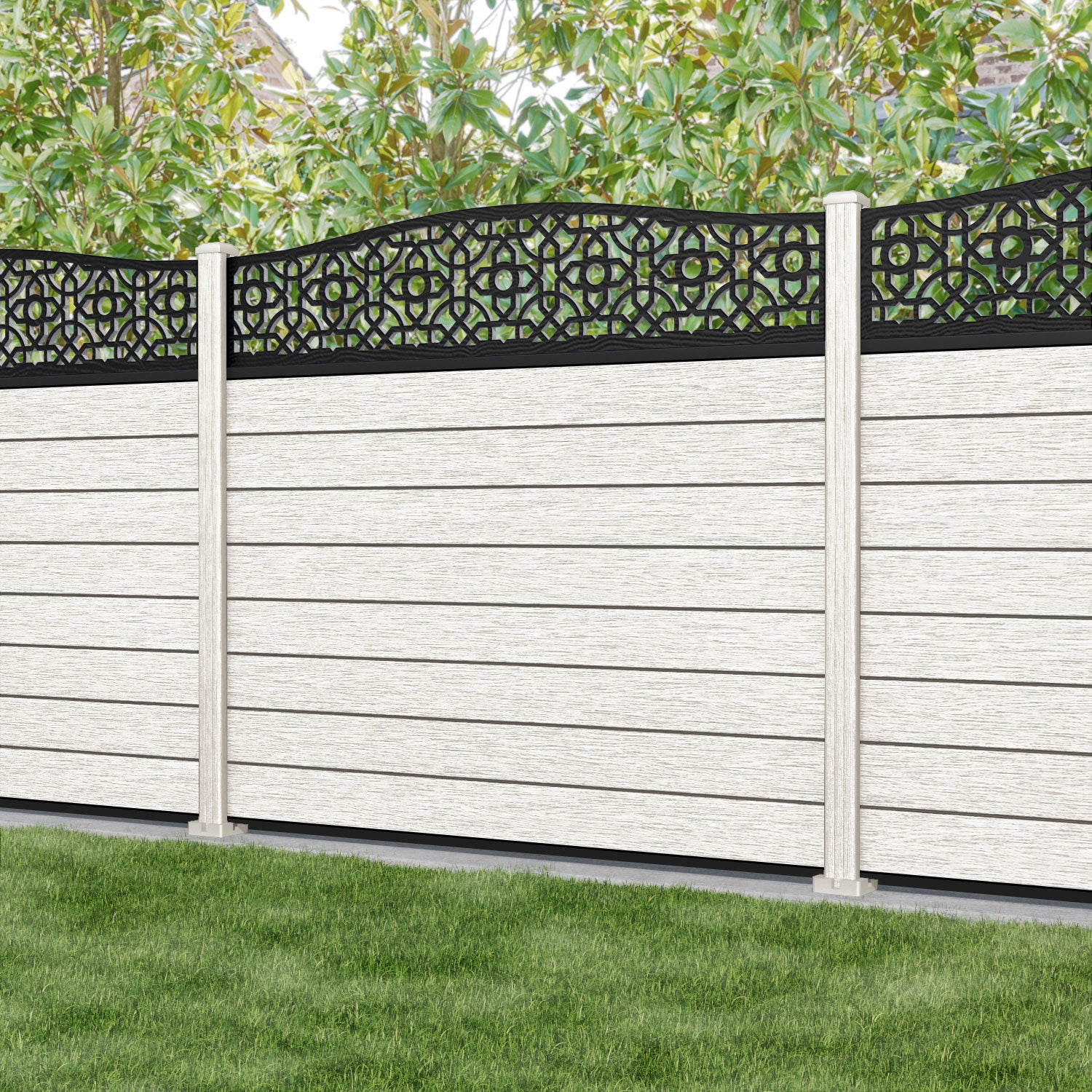 Fusion Nabila Curved Top Fence Panel - Light Stone - with our composite posts