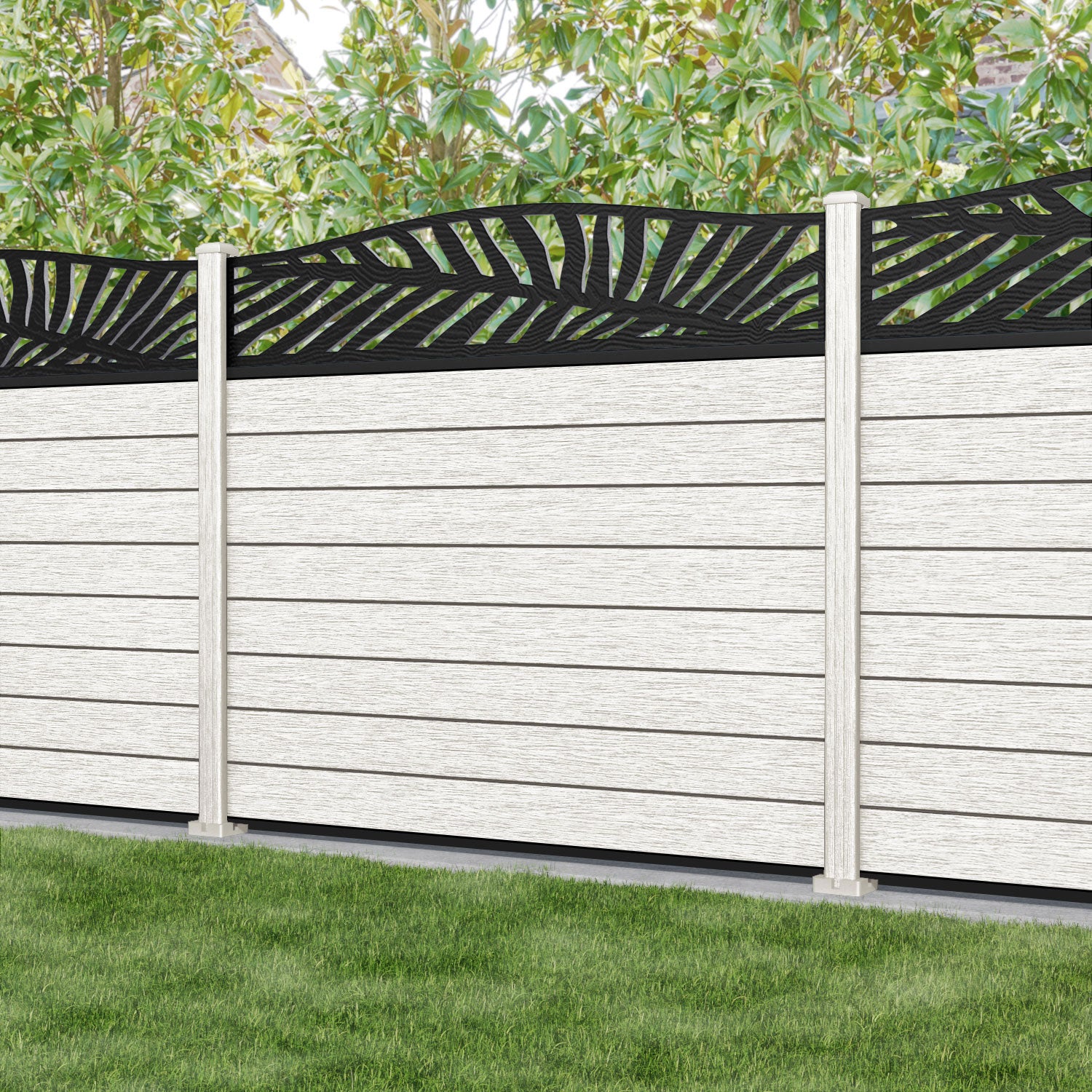Fusion Palm Curved Top Fence Panel - Light Stone - with our composite posts