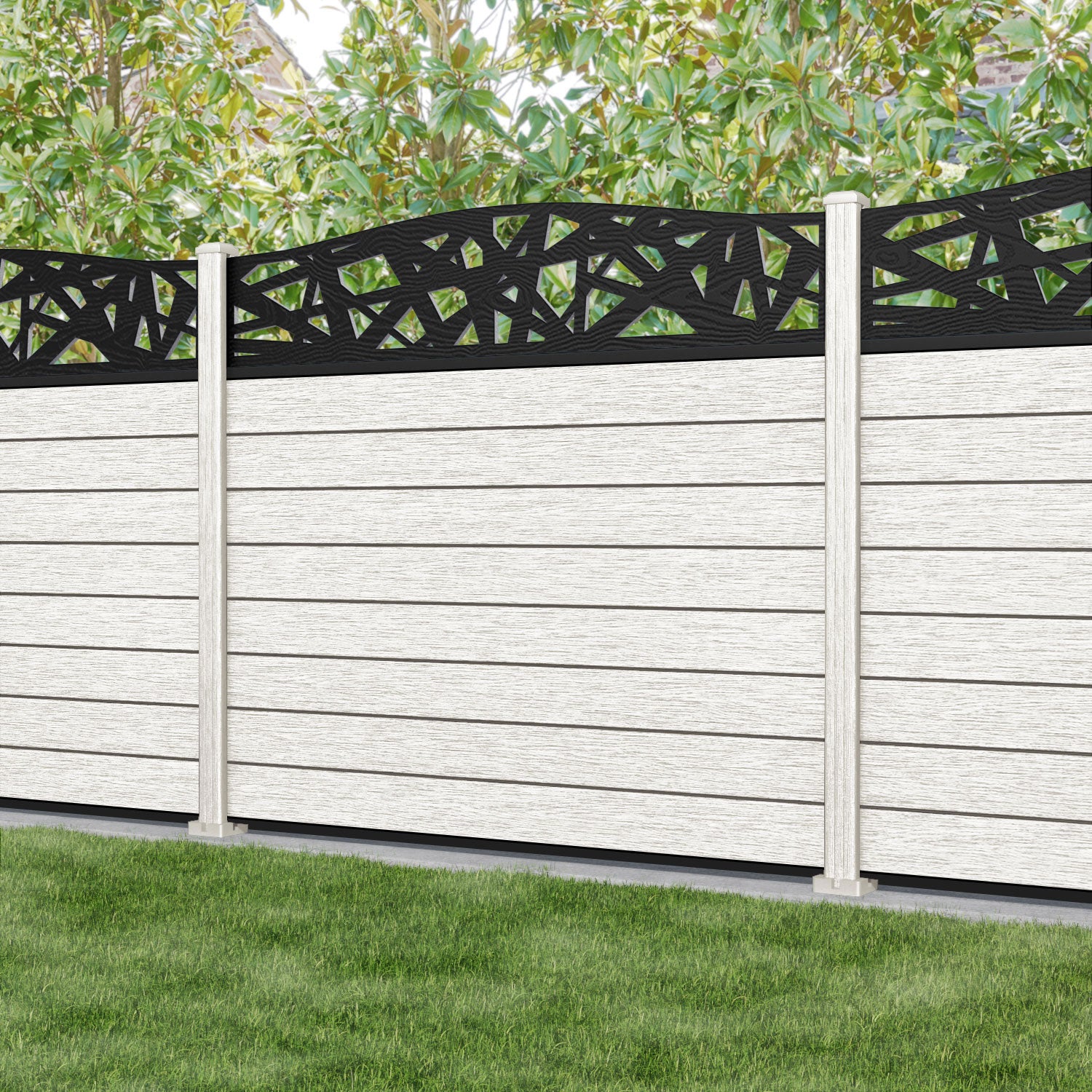 Fusion Prism Curved Top Fence Panel - Light Stone - with our composite posts