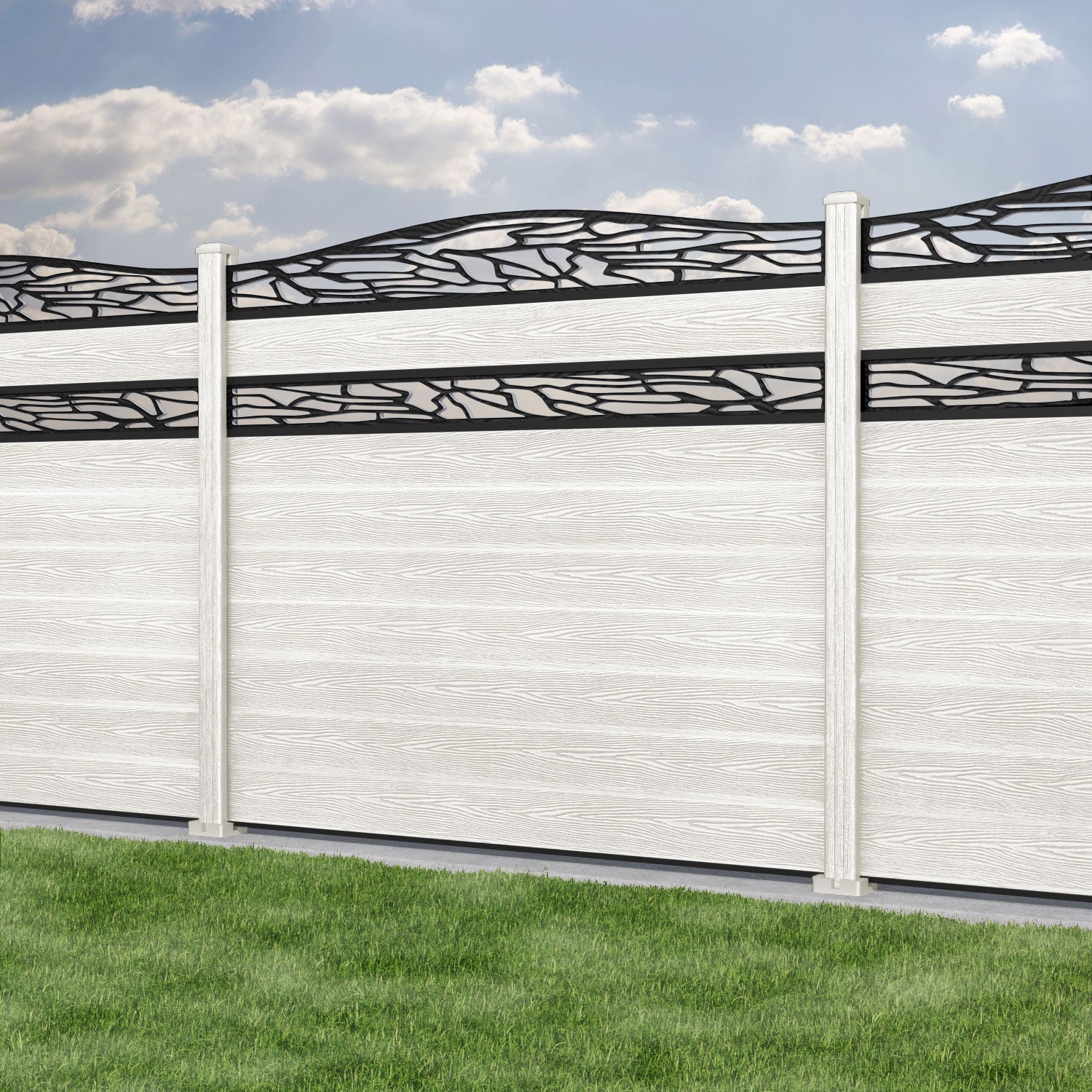 Classic Shatter Curved Top Split Screen Fence Panel - Light Stone - with our composite posts