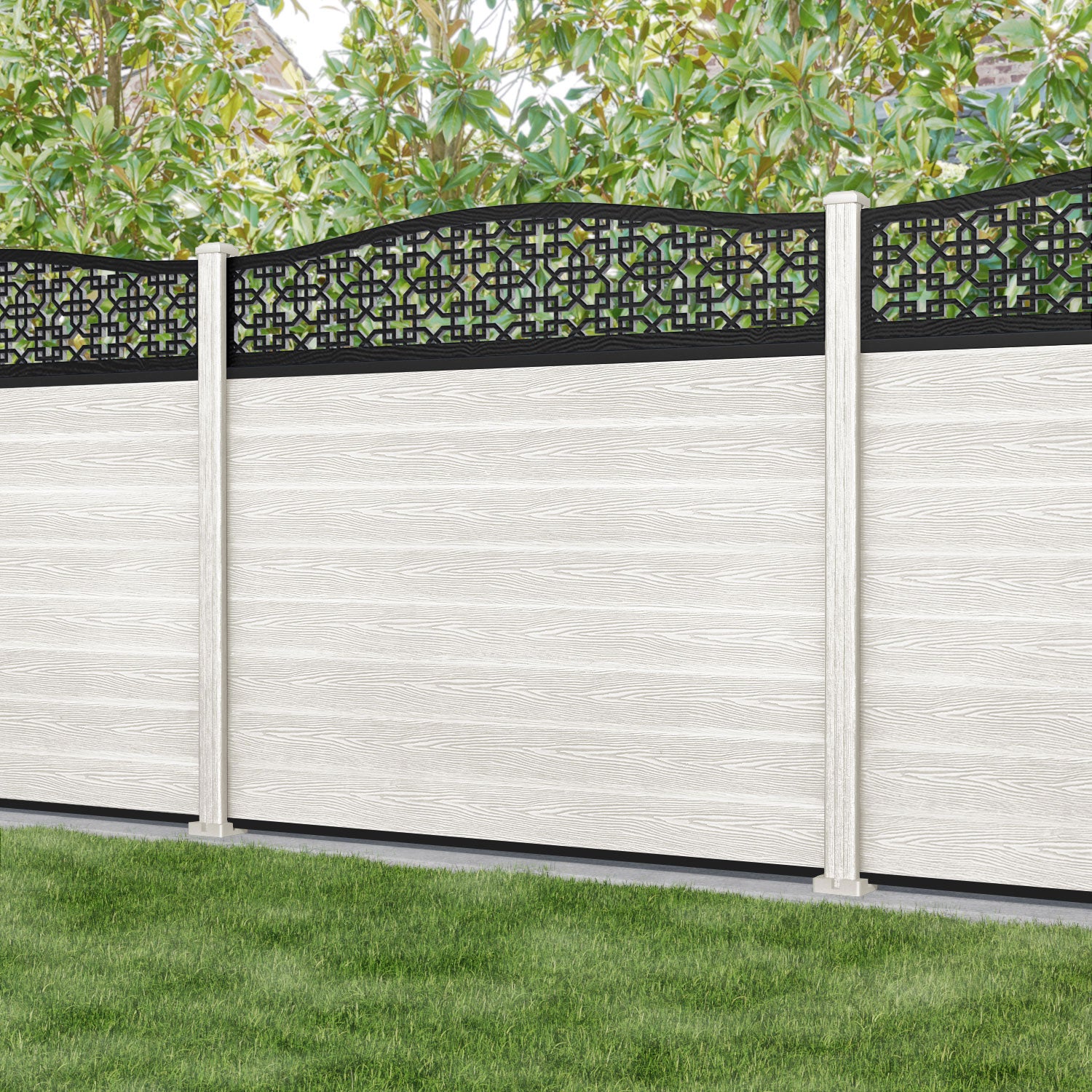 Classic Zaria Curved Top Fence Panel - Light Stone - with our composite posts