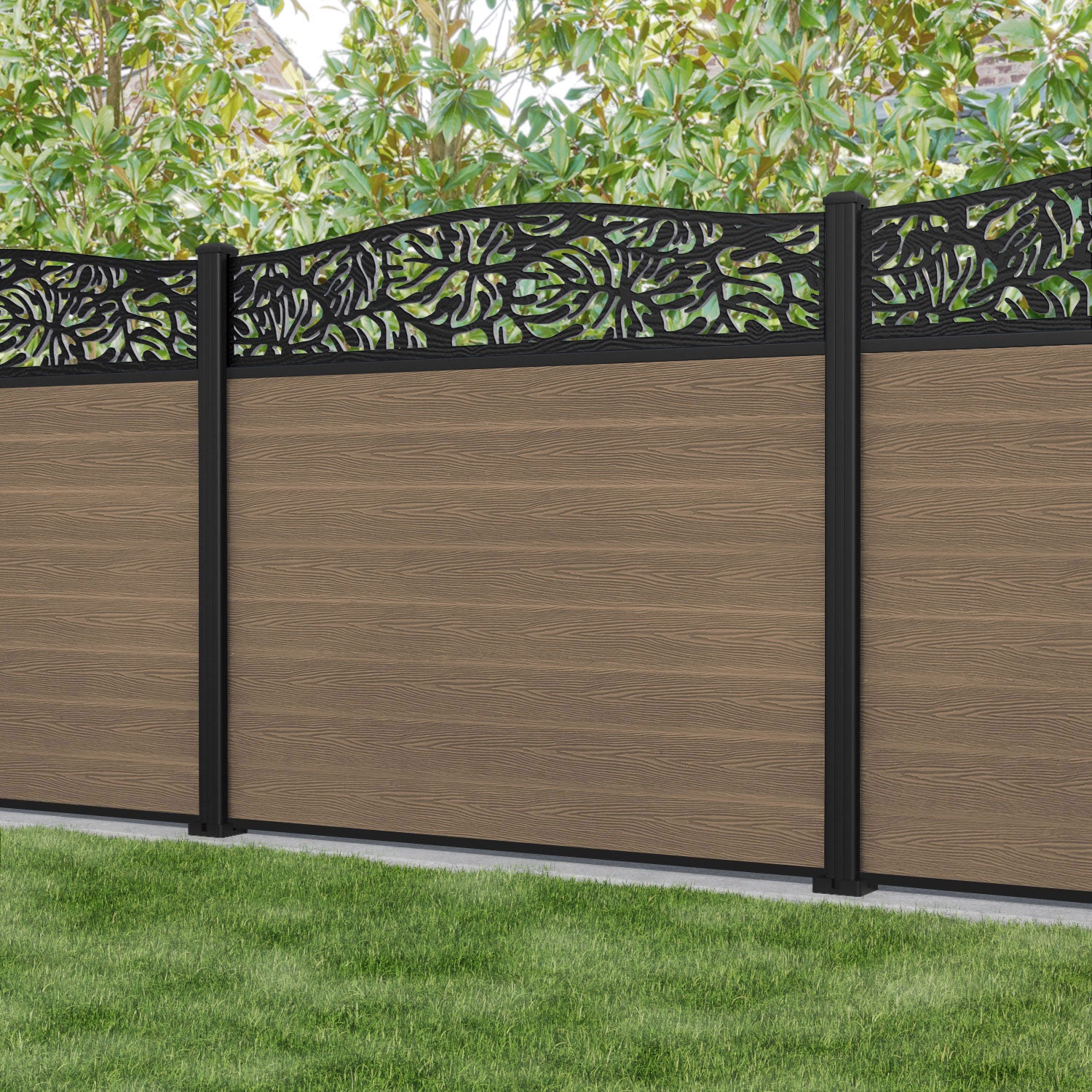 Classic Botanic Curved Top Fence Panel - Teak - with our aluminium posts
