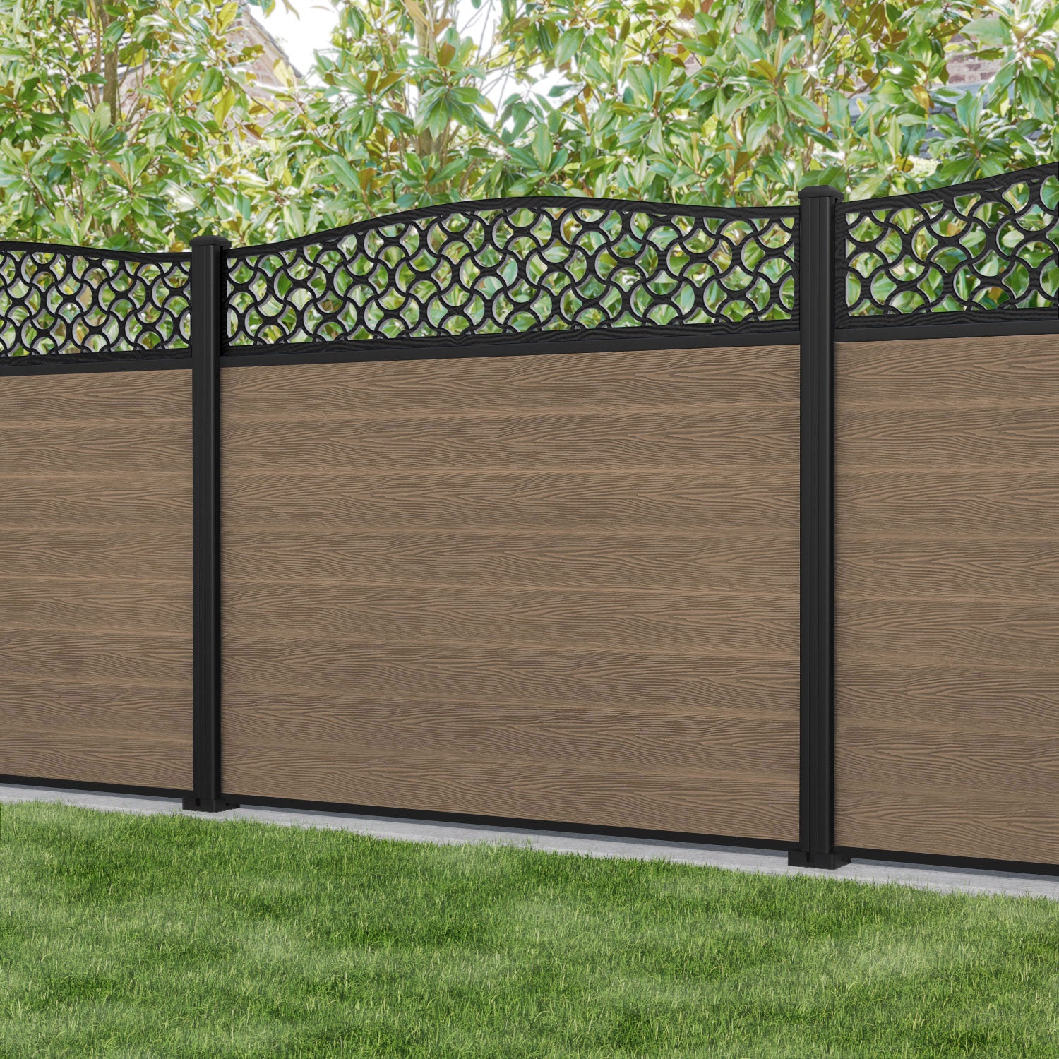Classic Vida Curved Top Fence Panel - Teak - with our aluminium posts