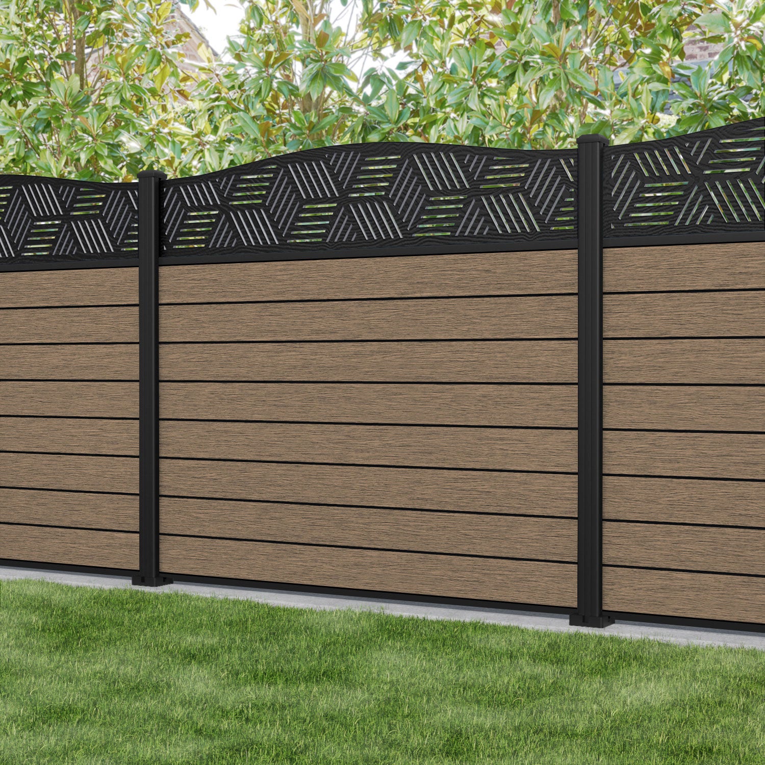 Fusion Cubed Curved Top Fence Panel - Teak - with our aluminium posts