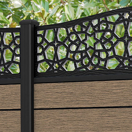 Fusion Nazira Curved Top Fence Panel - Teak - with our aluminium posts