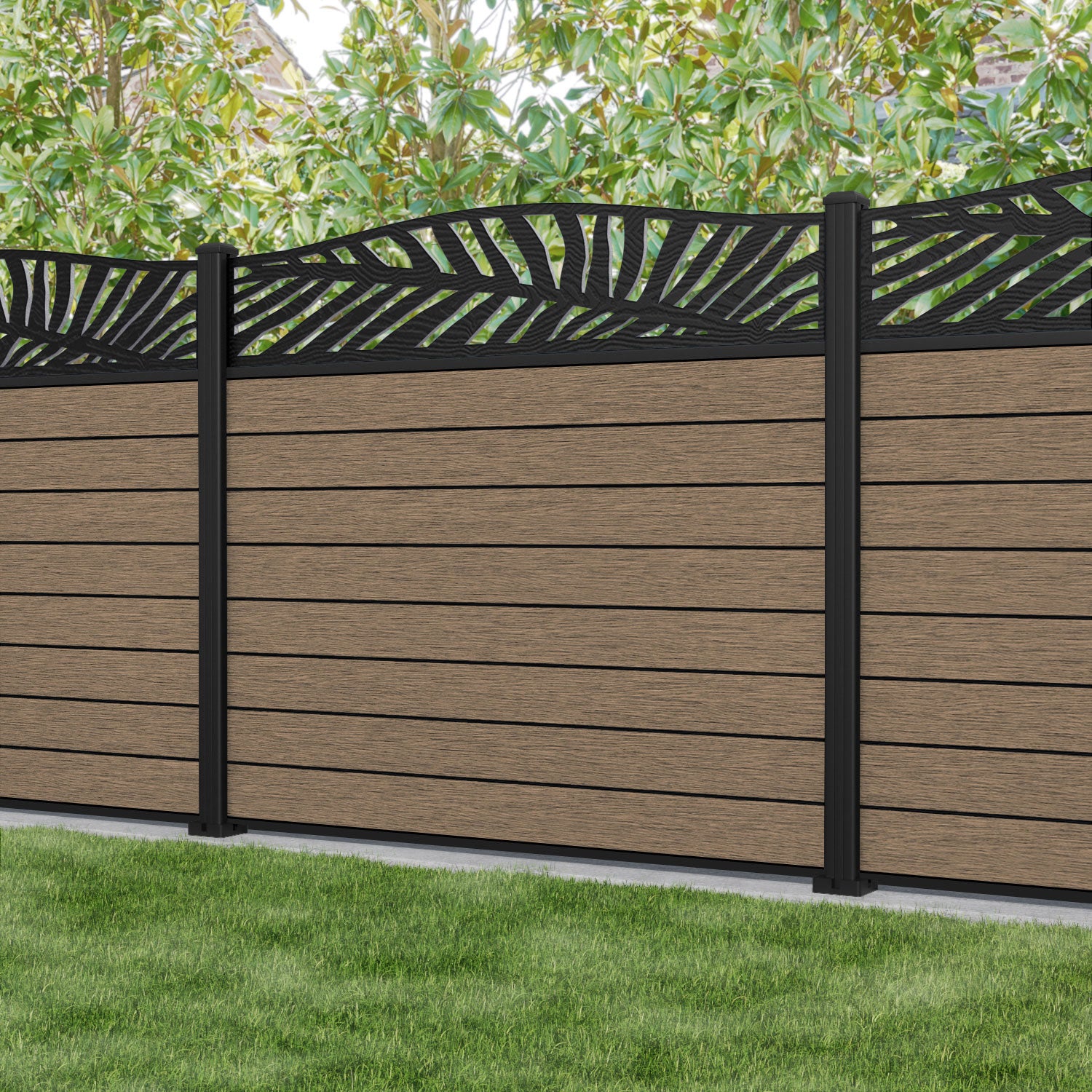 Fusion Palm Curved Top Fence Panel - Teak - with our aluminium posts