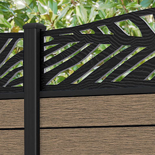 Fusion Palm Curved Top Fence Panel - Teak - with our aluminium posts