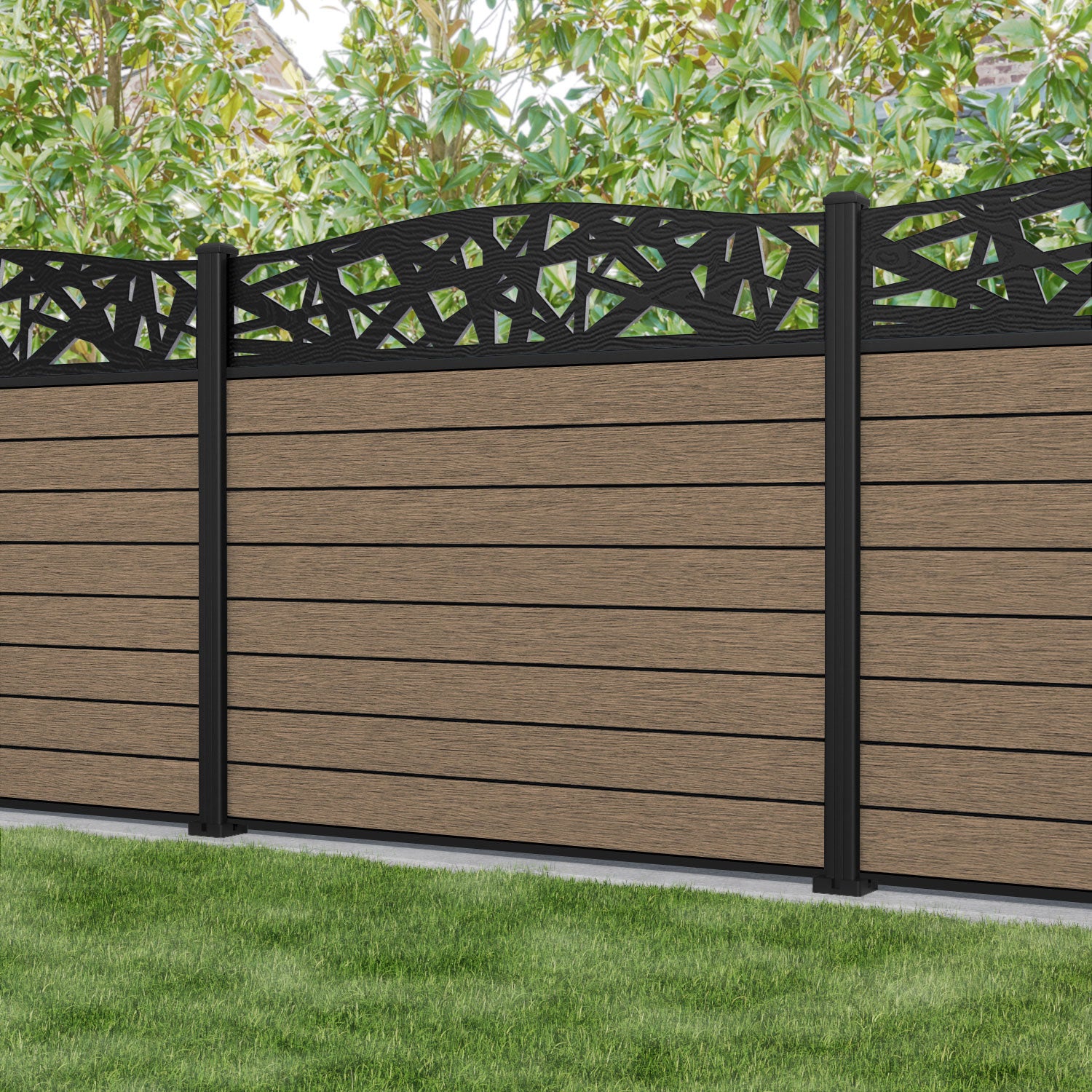 Fusion Prism Curved Top Fence Panel - Teak - with our aluminium posts