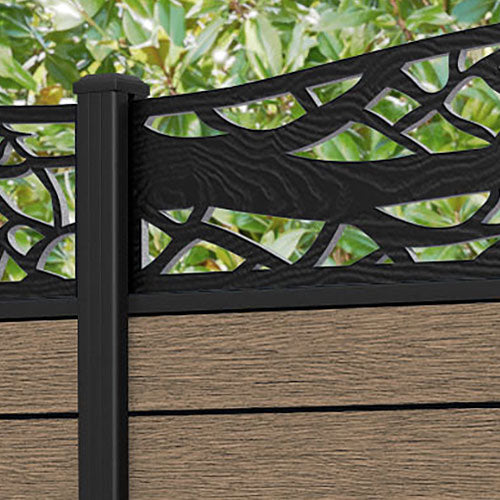 Fusion Twilight Curved Top Fence Panel - Teak - with our aluminium posts