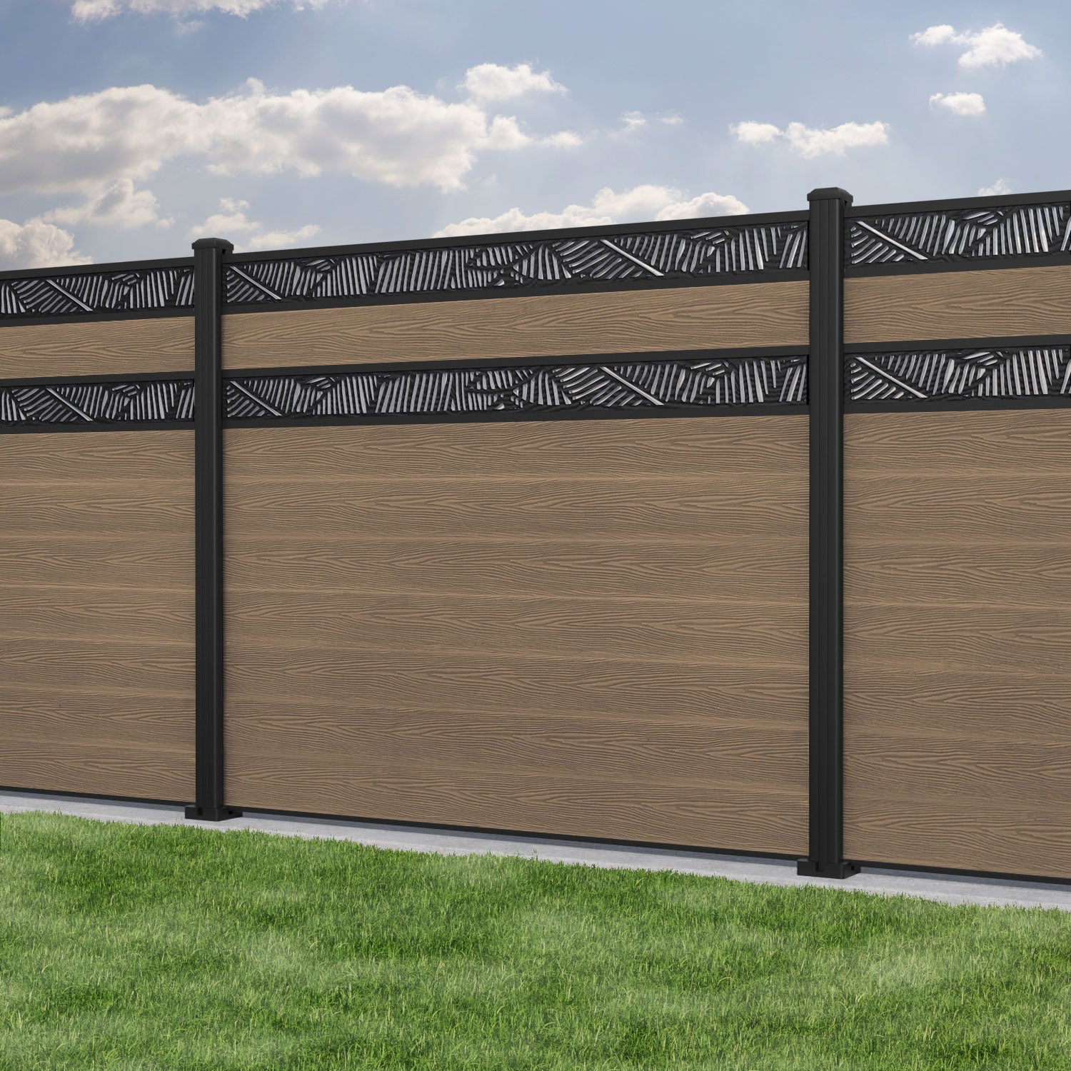 Classic Feather Split Screen Fence Panel - Teak - with our aluminium posts