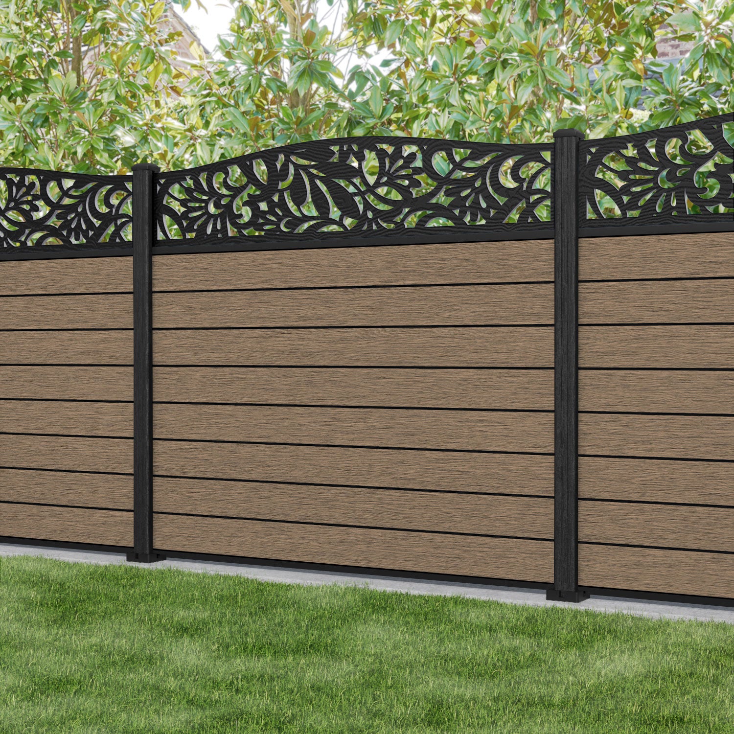 Fusion Heritage Curved Top Fence Panel - Teak - with our composite posts
