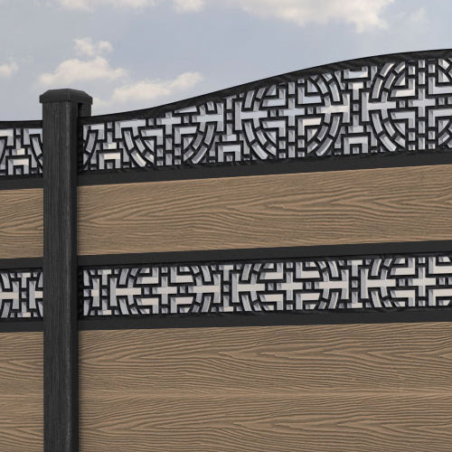 Classic Kumo Curved Top Split Screen Fence Panel - Teak - with our composite posts
