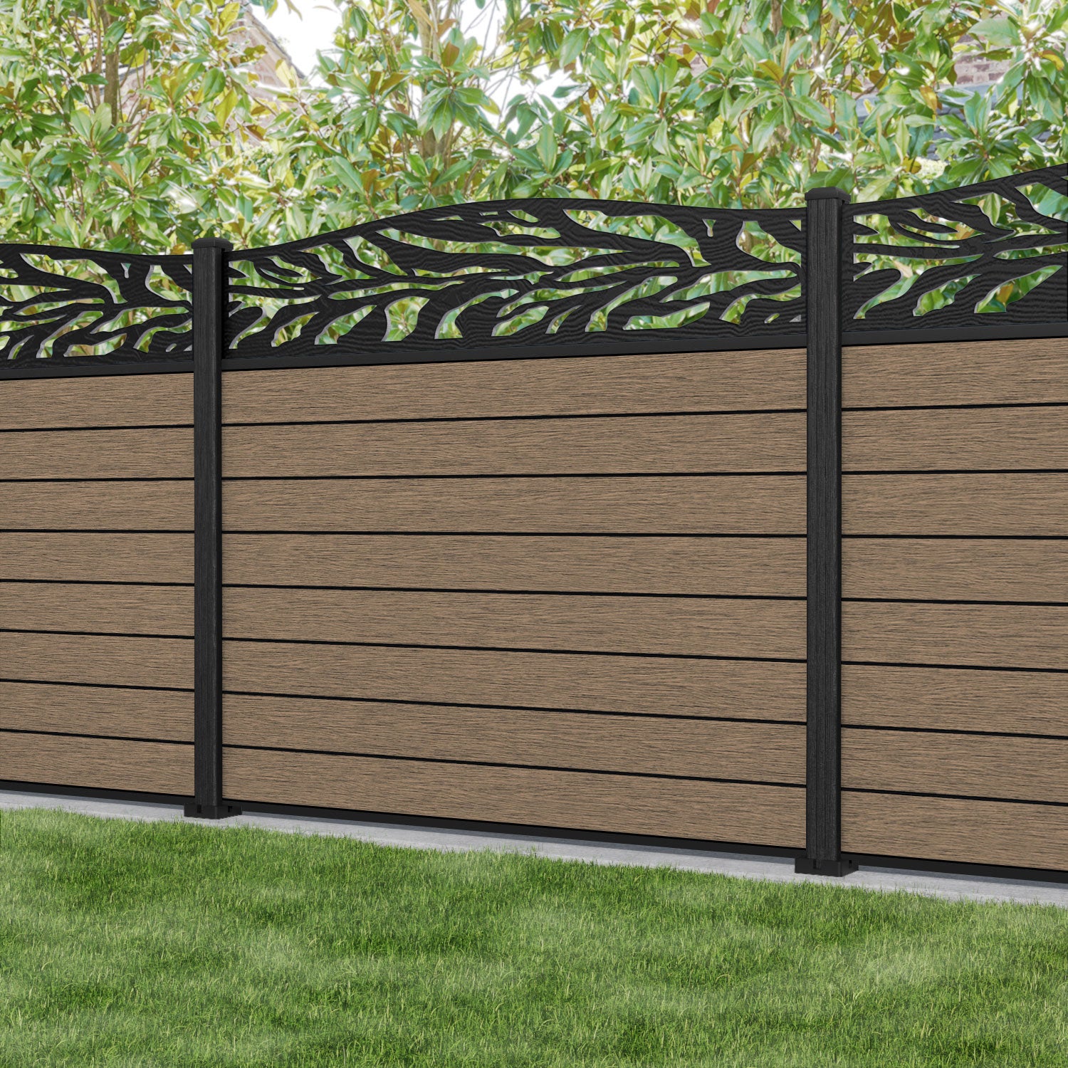 Fusion Malawi Curved Top Fence Panel - Teak - with our composite posts