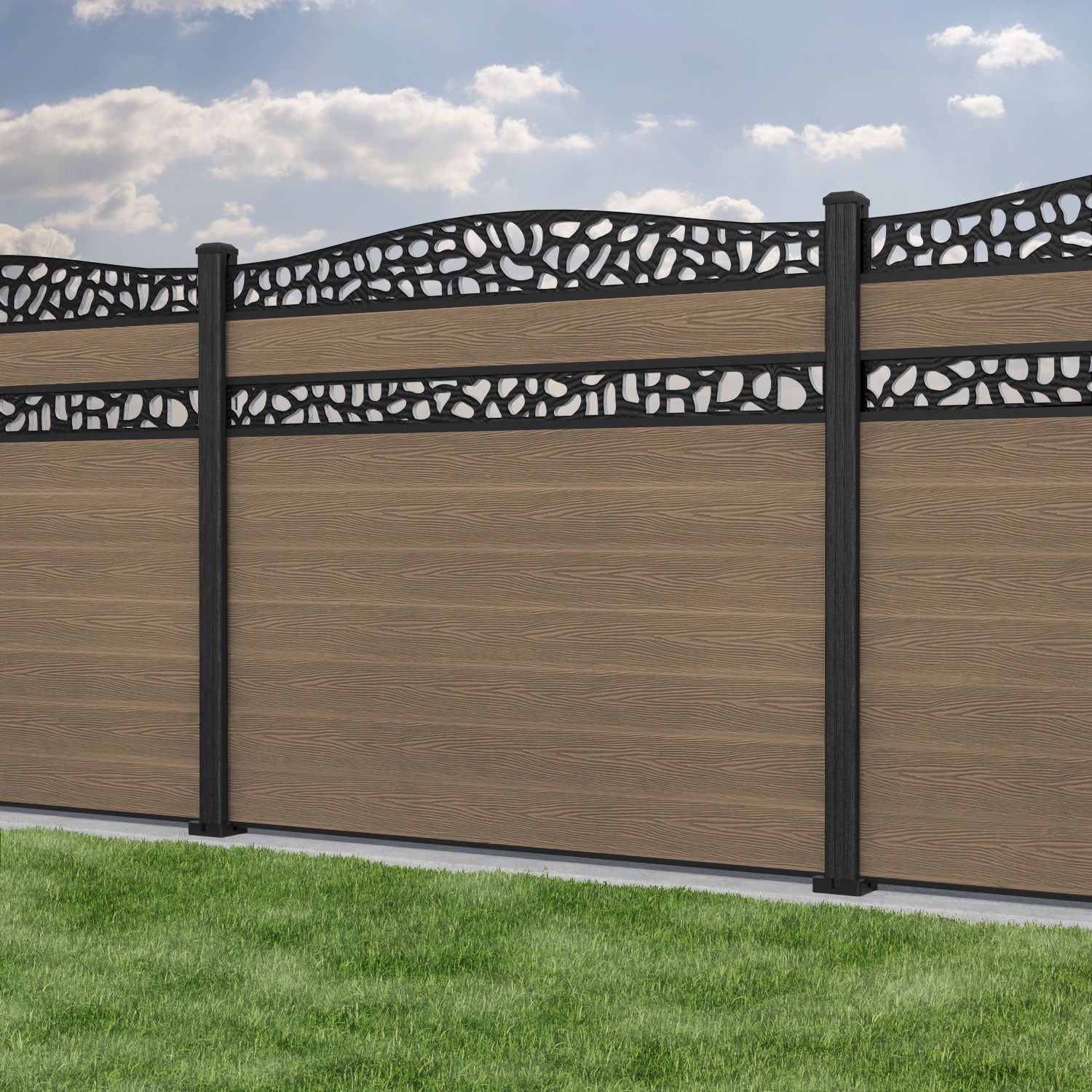 Classic Pebble Curved Top Split Screen Fence Panel - Teak - with our composite posts