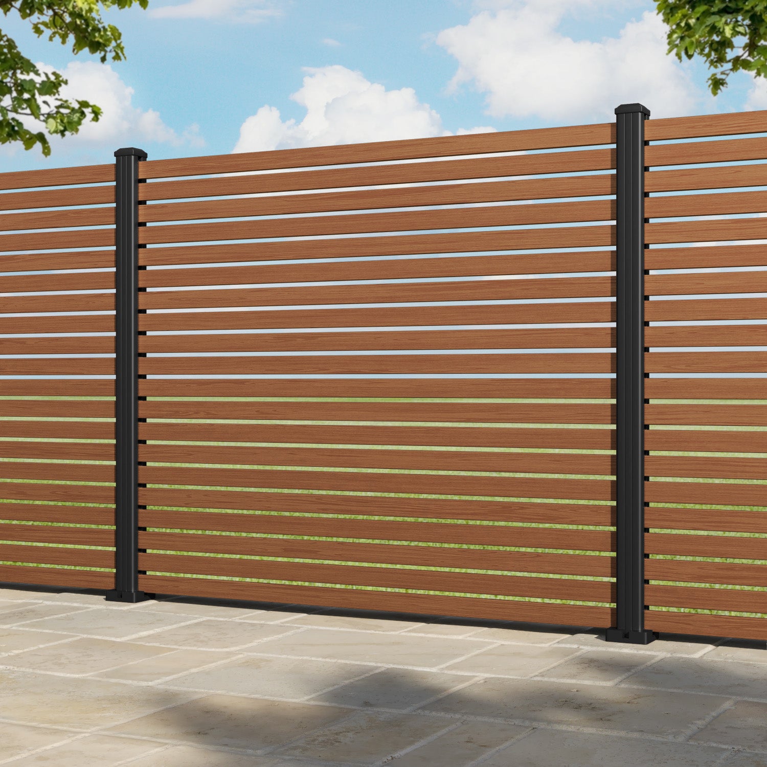 Aria Aluminium Fence Panel - Teak - with our aluminium posts