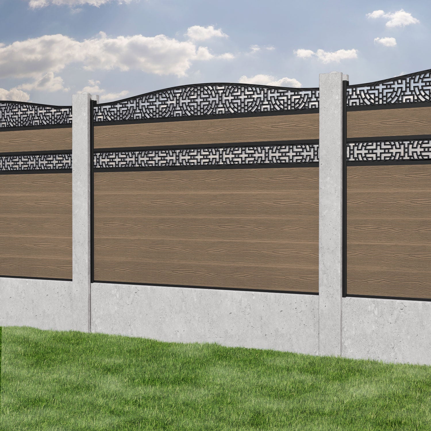 Classic Kumo Curved Top Split Screen Fence Panel - Teak - for existing concrete posts