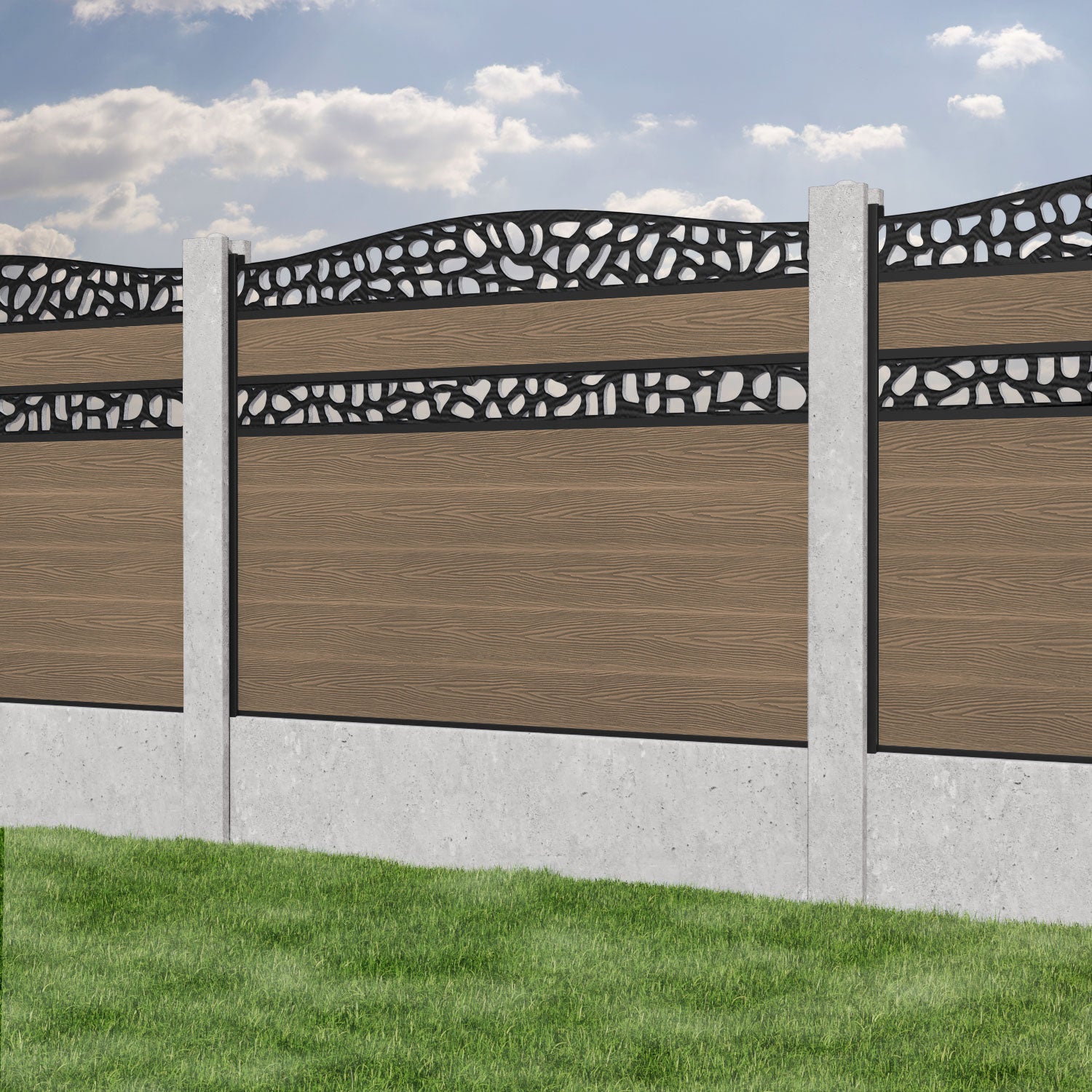 Classic Pebble Curved Top Split Screen Fence Panel - Teak - for existing concrete posts