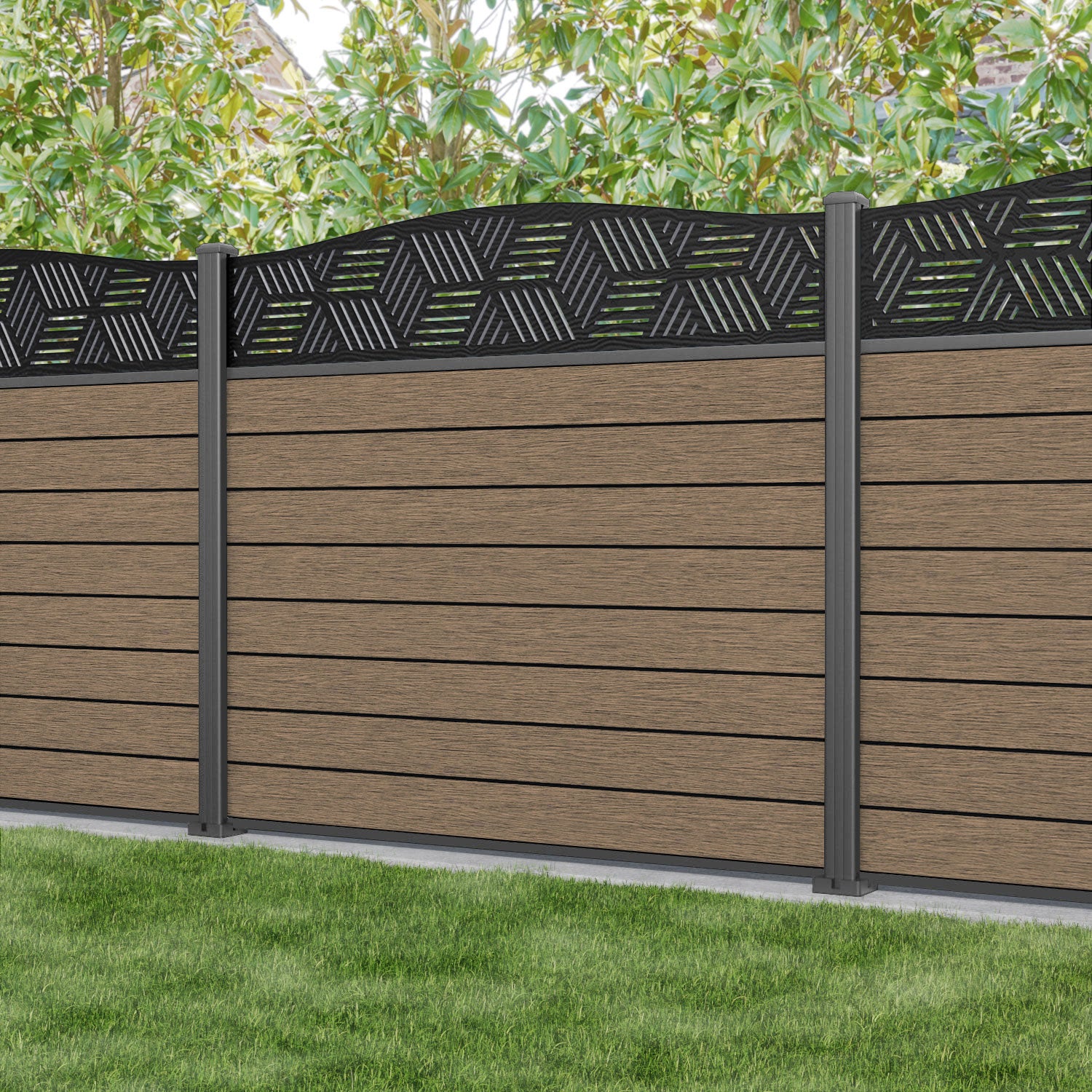Fusion Cubed Curved Top Fence Panel - Teak - with our aluminium posts