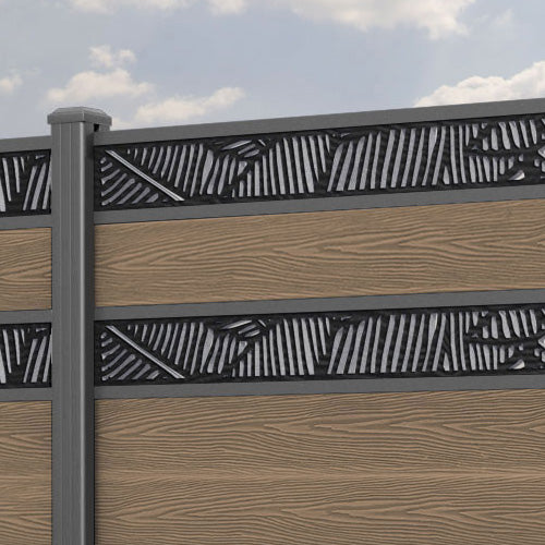 Classic Feather Split Screen Fence Panel - Teak - with our aluminium posts