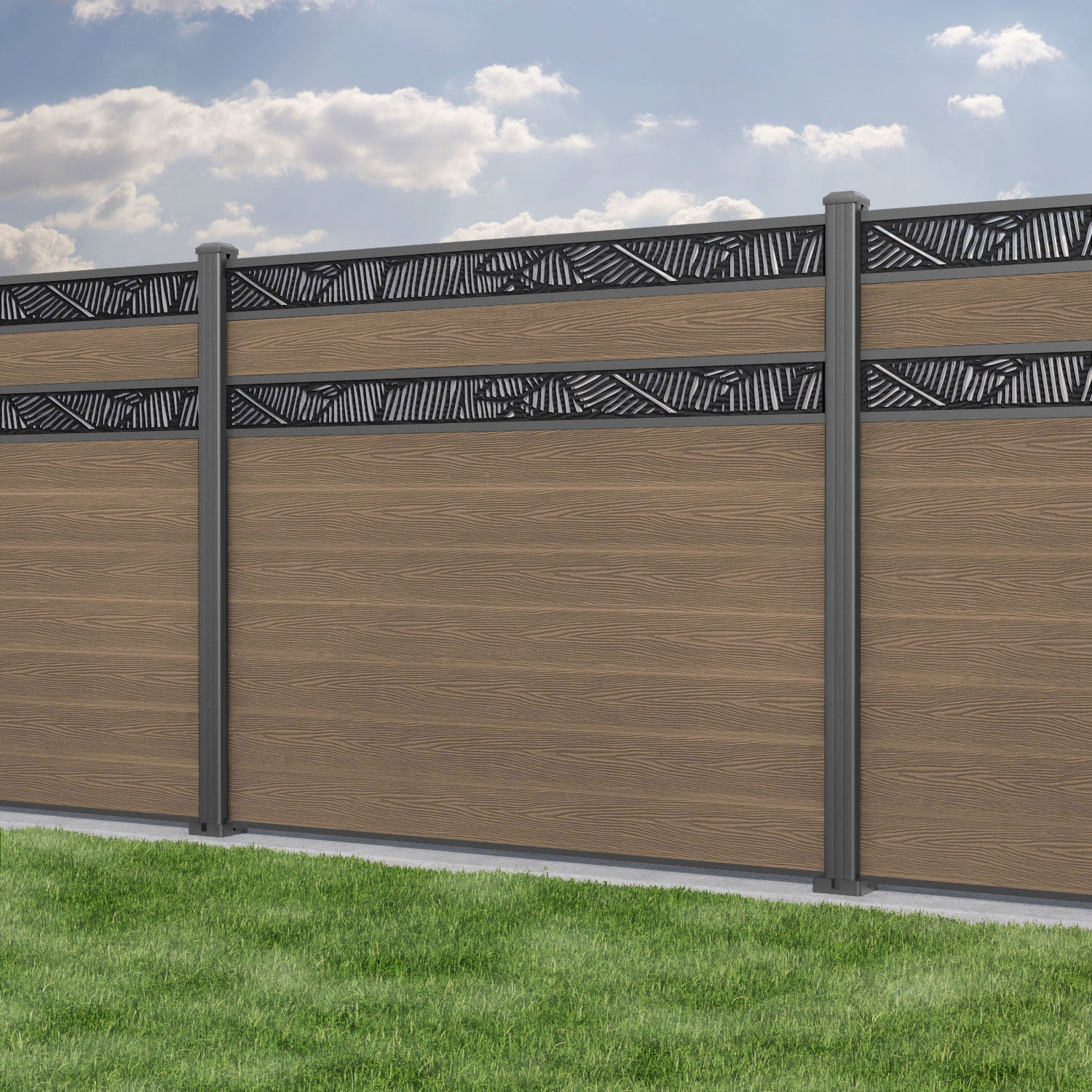 Classic Feather Split Screen Fence Panel - Teak - with our aluminium posts