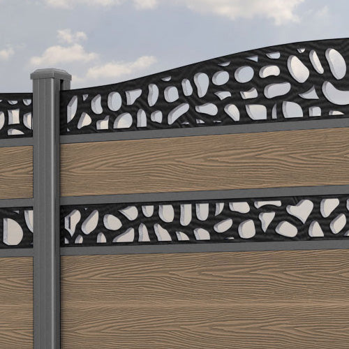Classic Pebble Curved Top Split Screen Fence Panel - Teak - with our aluminium posts