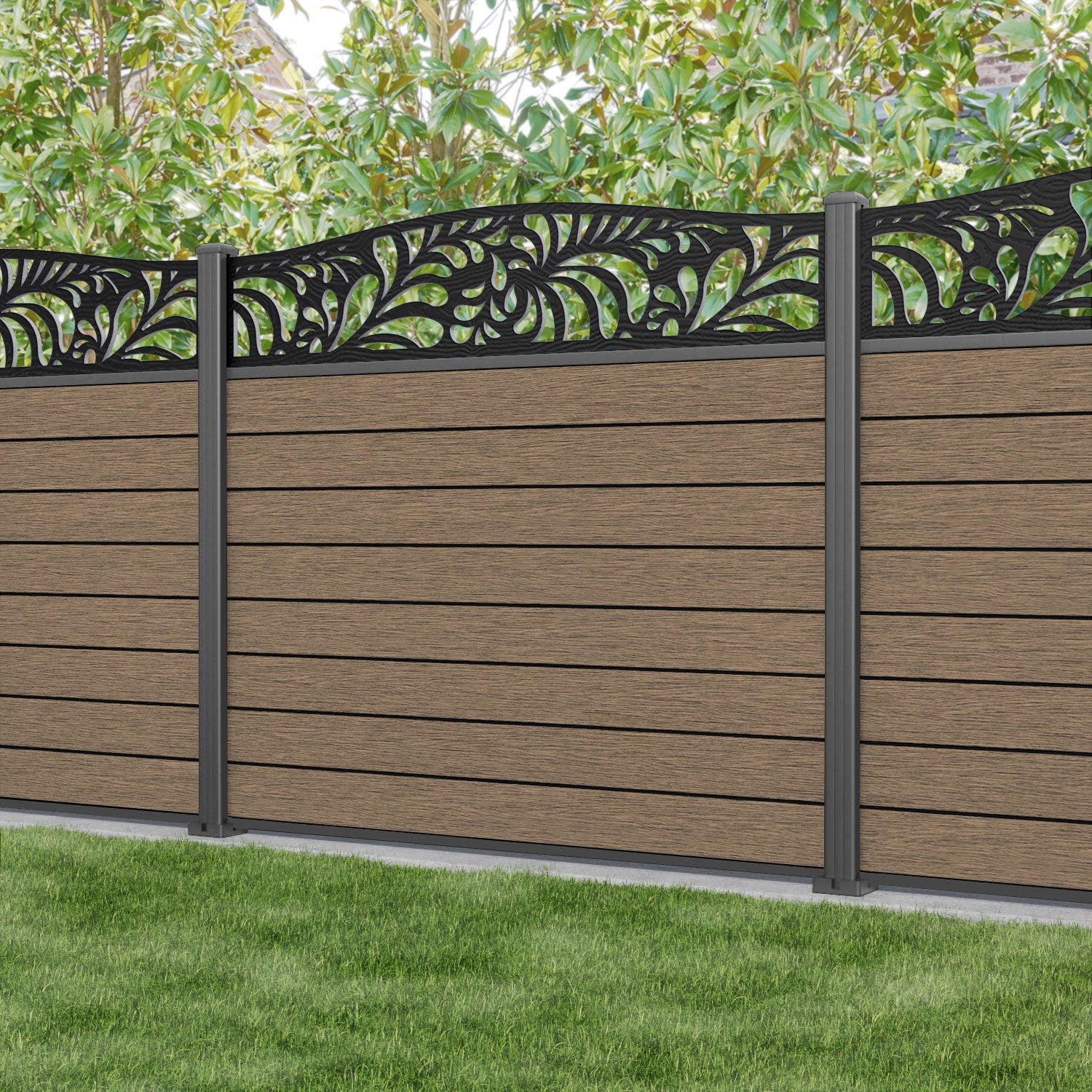 Fusion Petal Curved Top Fence Panel - Teak - with our aluminium posts