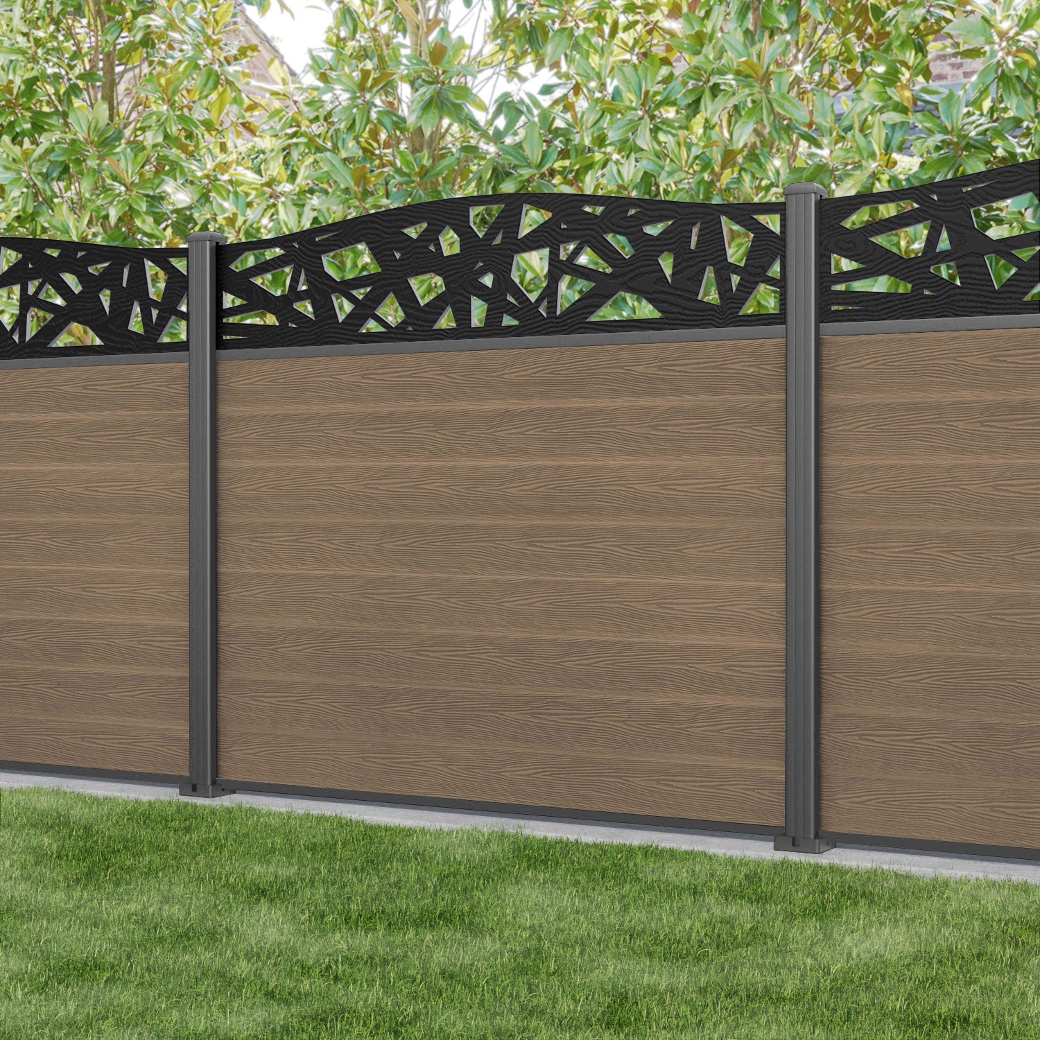 Classic Prism Curved Top Fence Panel - Teak - with our aluminium posts