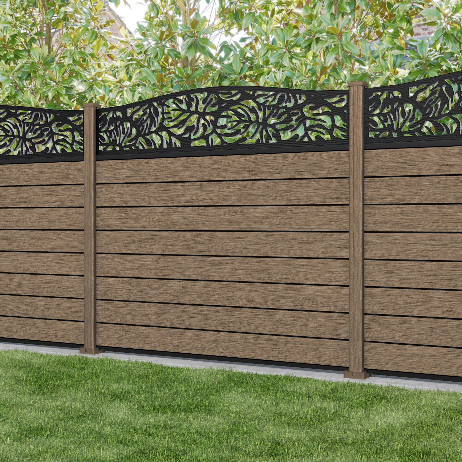 Fusion Botanic Curved Top Fence Panel - Teak - with our composite posts